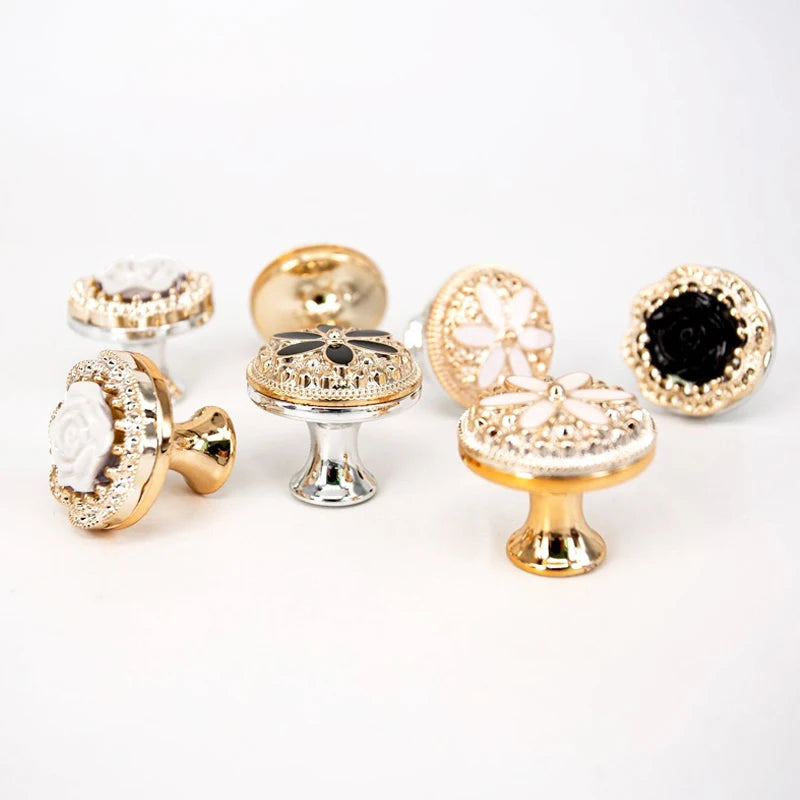 New European Single Hole Handle Gold Luxury Flower Pattern Furniture Cabinet Knobs For Home Wardrobe Door Handles Hardware - LUXHOME