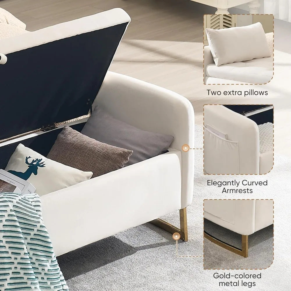 67" Storage Ottoman Bench, End of Bed King Size Bench | Tufted Button Upholstery with Gold Legs for Bedroom, Living Room
