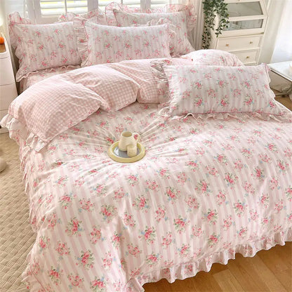 Bonenjoy Pink Color Duvet Cover with Ruffles 100%Cotton Flower Printed housse de couette for Girls Pure Cotton Bed Cover King