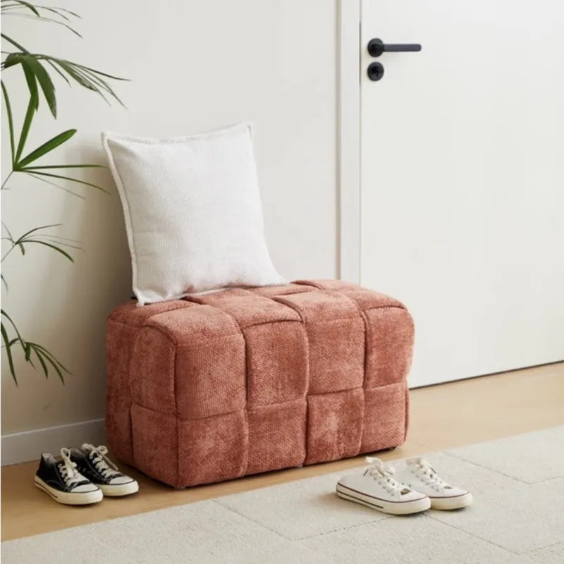 MOMO Chenille Mesh Red Woven Bench Short Stool Shoe Changing Stool Living Room Sofa Stool Household Small Stools