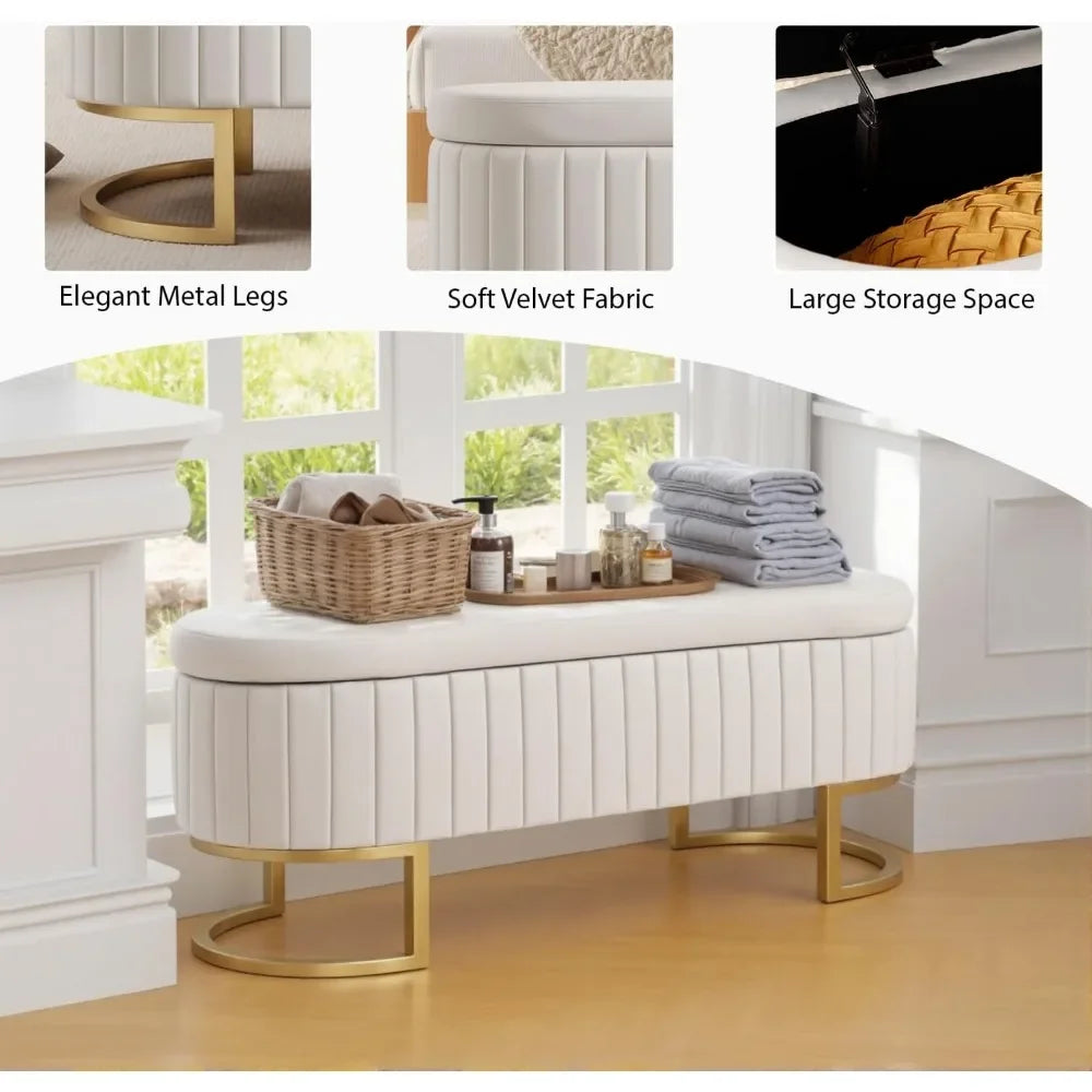 50" Velvet Storage Bench,Ottoman Bench with 300lb Seating,Upholstered Fabric  with Gold Legs,Flipping Lid Entryway Footrest