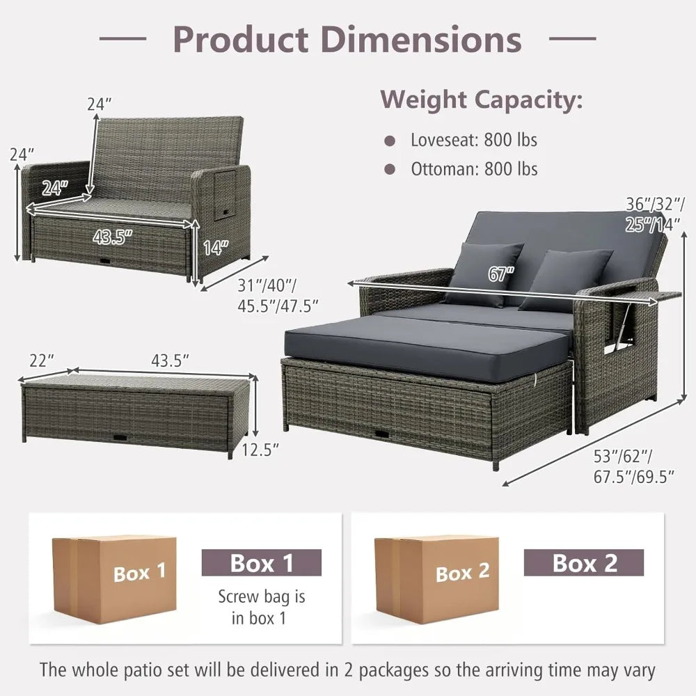 Patio Rattan Daybed Set, Wicker Loveseat Sofa w/Multipurpose Ottoman & Retractable Side Tray, 4-Level Adjustable Backrest