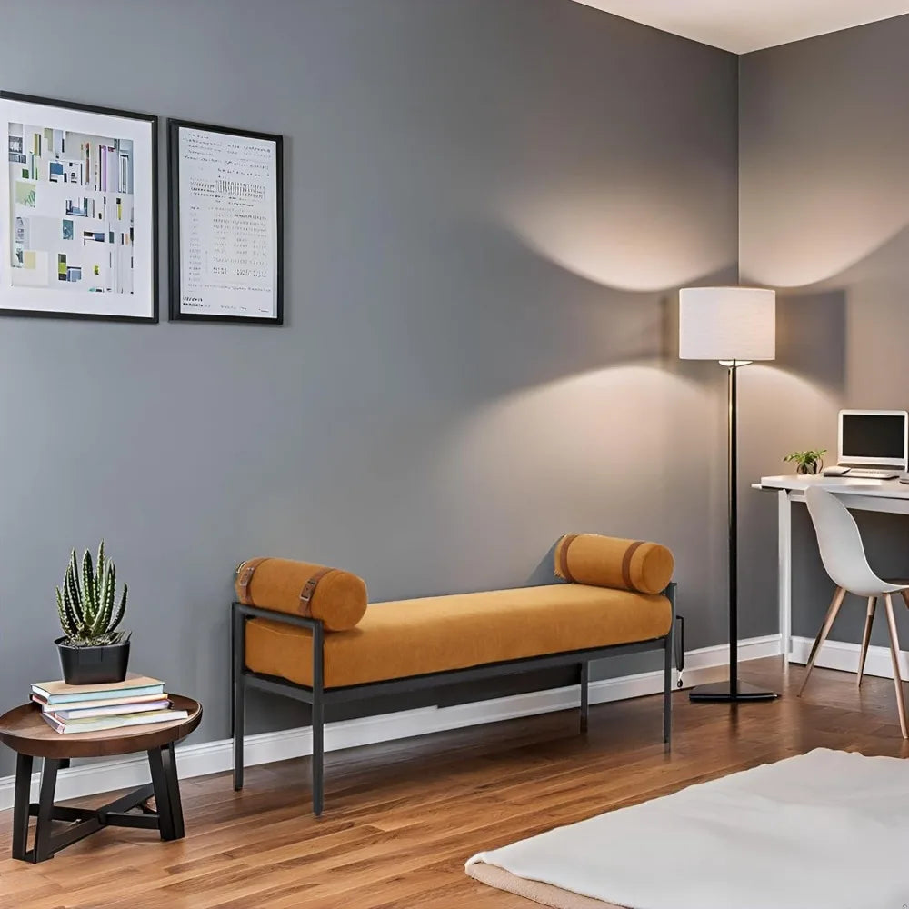 Modern 55" End of Bed Bench Long King Upholstered Chenille Ottoman Bench with Arms & Detachable Strappy Pillows for Bedroom Ent