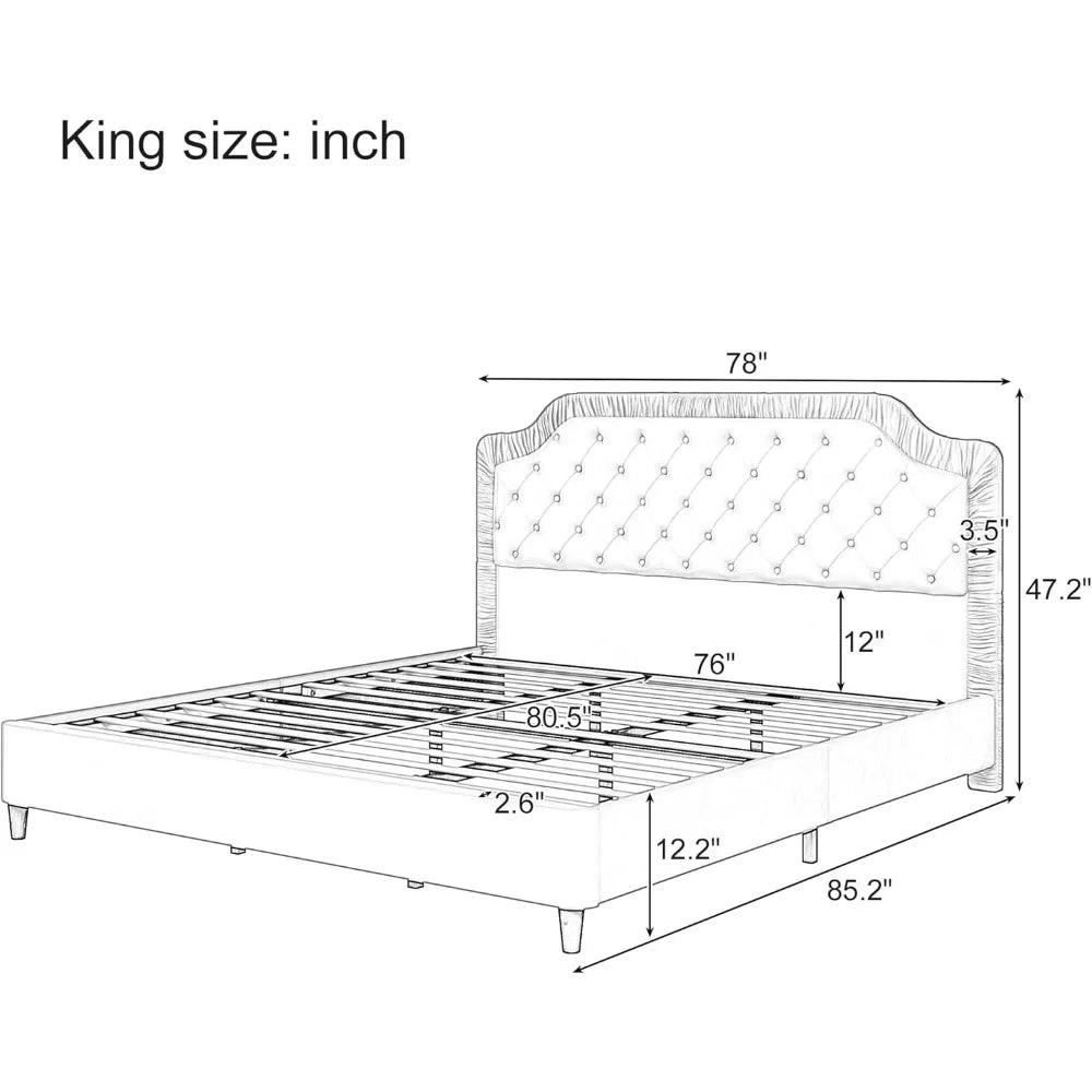 2 Pieces King Bedroom Sets, King Size Ruched and Button Tufted Velvet Upholstered Bed Frame and Storage Ottoman Bench