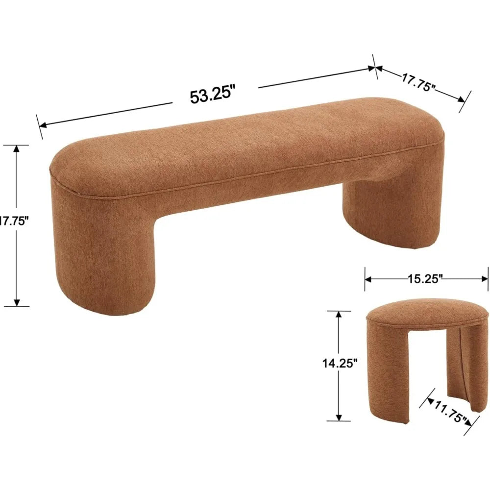 Ottoman Bench 53 Inch Long Bedroom Bench with 2 Small Stools Chenille Padded Entryway Bench Set of 3 Comfy Upholstered
