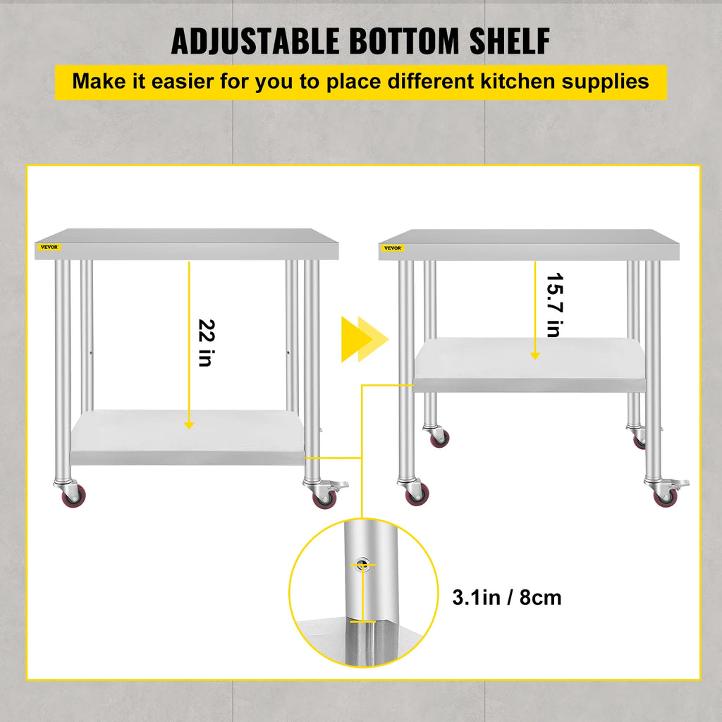 VEVOR Stainless Steel Kitchen Prep Table With 4 Caster Wheels & Backsplash Loads Up to 100KG-300KG for Home Storage Rack Dining