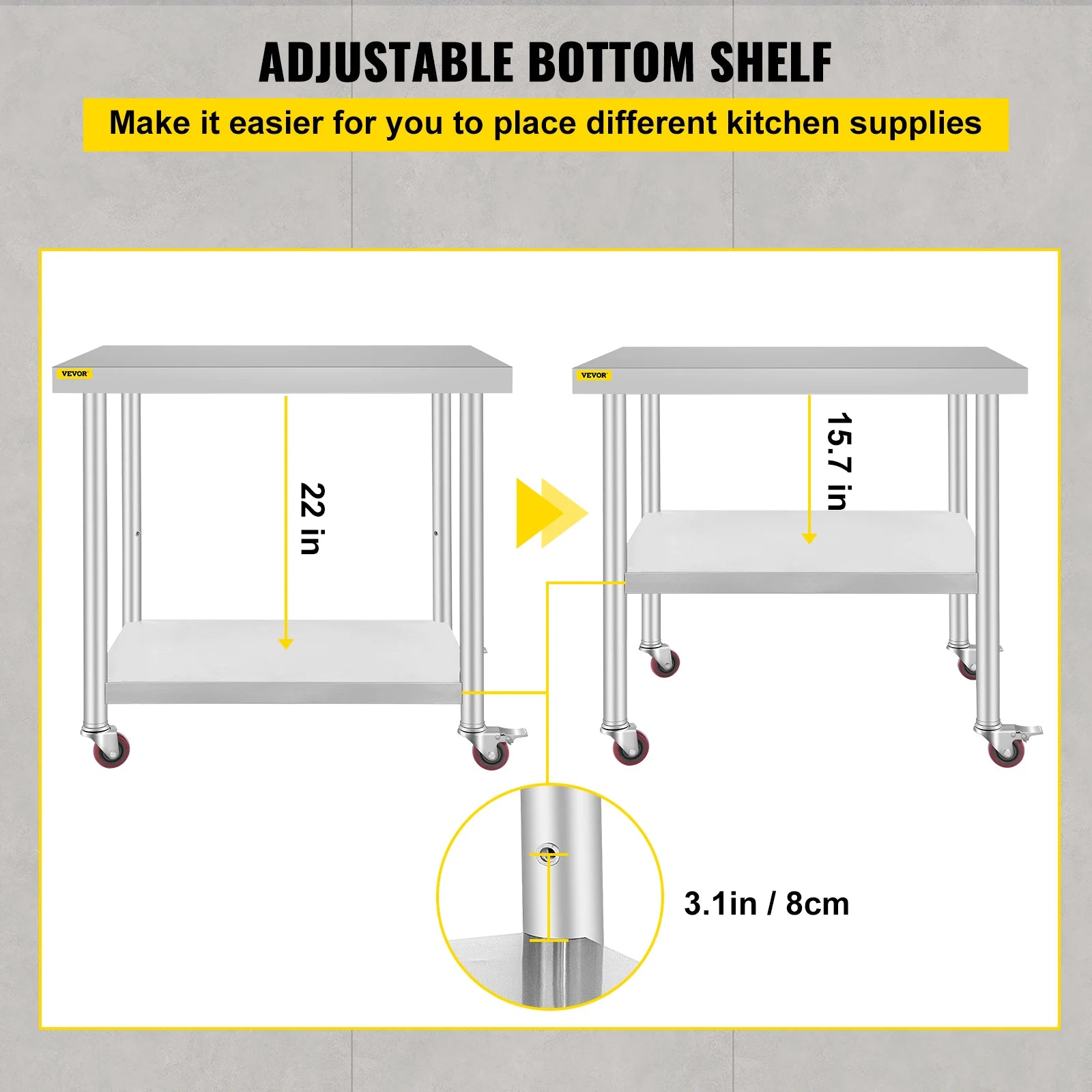 VEVOR Stainless Steel Kitchen Prep Table With 4 Caster Wheels & Backsplash Loads Up to 100KG-300KG for Home Storage Rack Dining