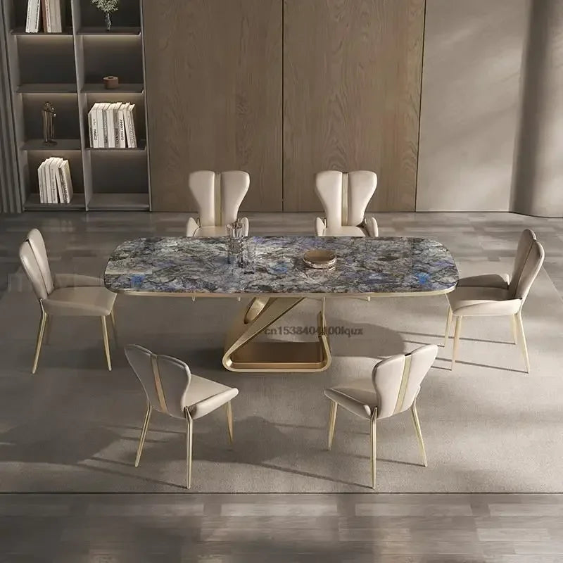 Luxury Marble Kitchen Tables Six Chair In Blue Design SquareTable Frame Panel Countertop White Dining Room Sets Home Furniture - LUXHOME