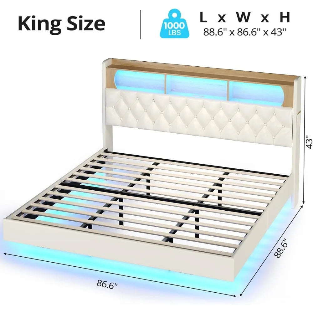 Bed Frame with Storage Headboard & LED Lights &Upholstered Headboard LED Floating Bed with USB-C/A Charging Station