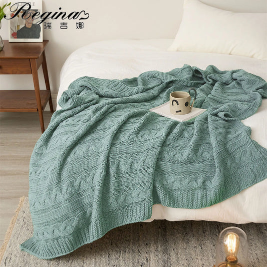 REGINA Luxury Cable Knit Acrylic Blanket Throw Warm Cozy Beige Cyan Home Decorative Nordic Stripe Blanket For Bed Sofa Couch Car