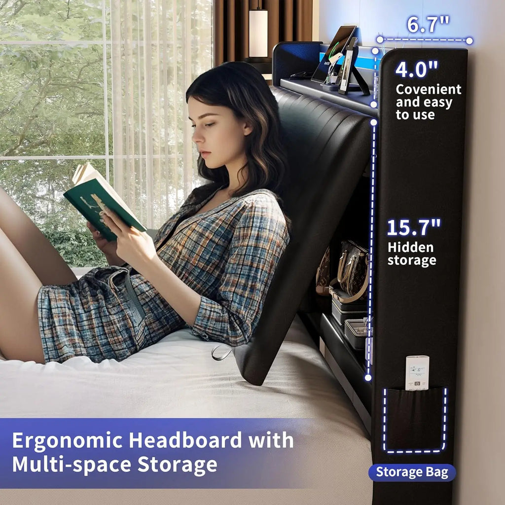 Hidden Storage Headboard and LED Lights, Visual Floating LED Bed Frame with Charing Station, Leather Upholstered Platform Bed,Lo