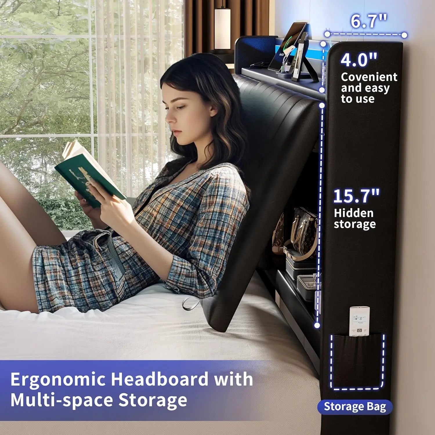 Hidden Storage Headboard and LED Lights, Visual Floating LED Bed Frame with Charing Station, Leather Upholstered Platform Bed,Lo