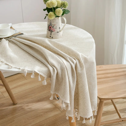 Round Tablecloth Solid Color Tassel Cotton Linen Table Cover for Kitchen Dining Party Farmhouse Tabletop Decoration Accessories