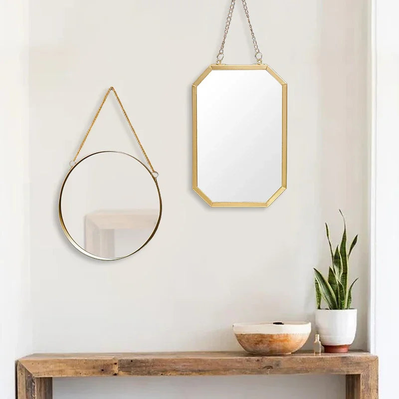 Nordic Style Iron Art Hexagon Shape Cosmetic Mirror Wall Hanging Mirror No-Punch Bathroom Room Makeup Mirror Home Decorative