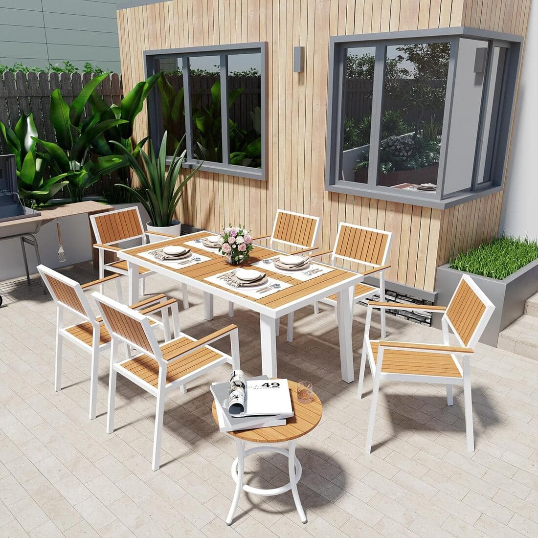 Pamapic Aluminum and Plastic-Wood Outdoor Dining Table Set