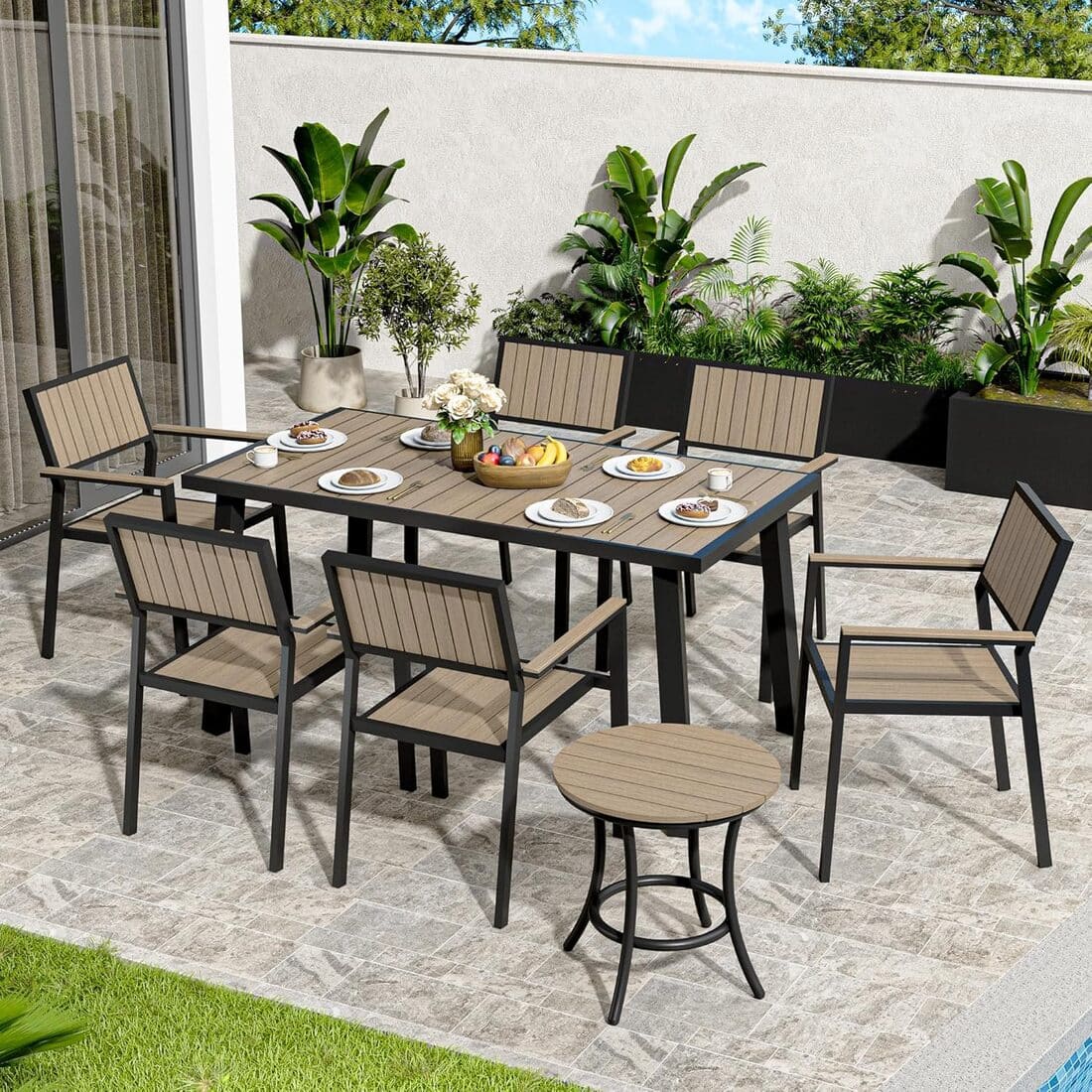 Pamapic Aluminum and Plastic-Wood Outdoor Dining Table Set