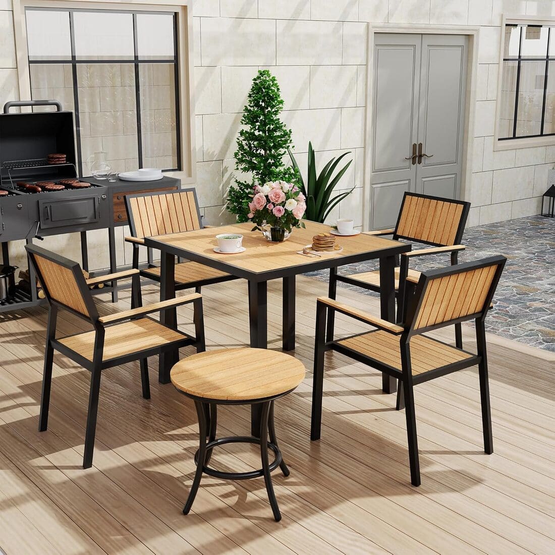 Pamapic Aluminum and Plastic-Wood Outdoor Dining Table Set