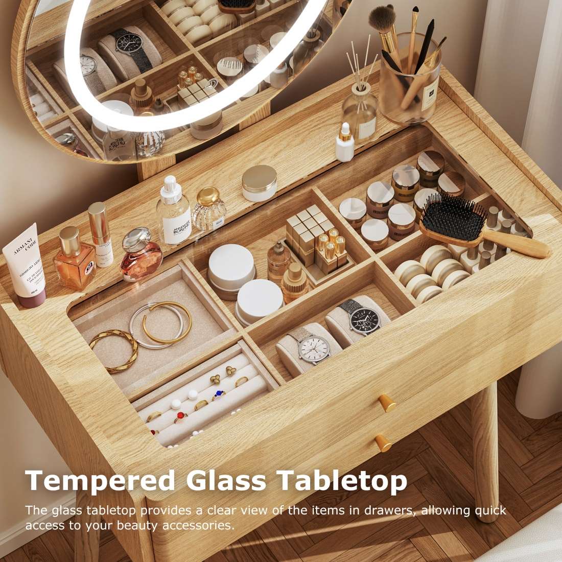 Small Glass-Top Makeup Vanity Desk with Round LED Mirror and Stool