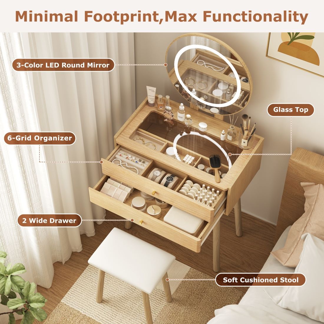 Small Glass-Top Makeup Vanity Desk with Round LED Mirror and Stool