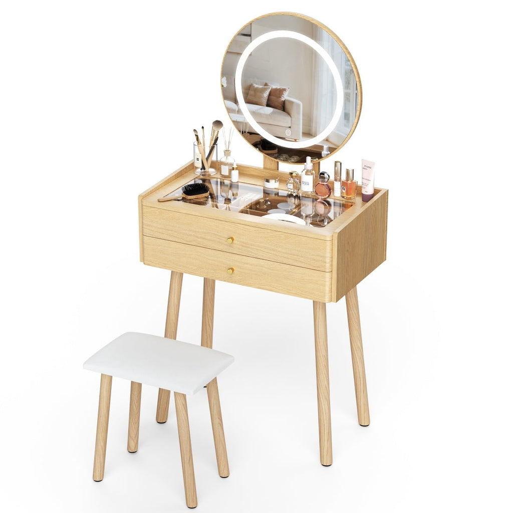 Small Glass-Top Makeup Vanity Desk with Round LED Mirror and Stool