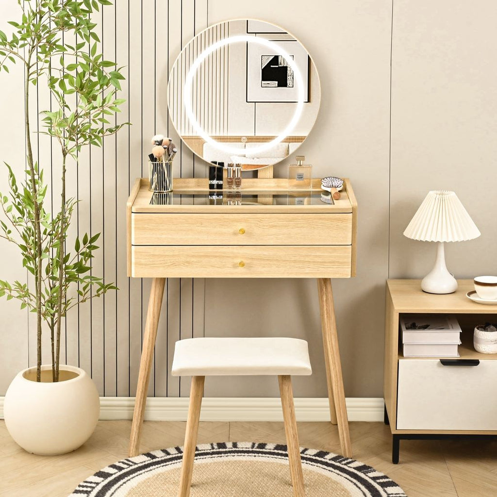 Small Vanity Desk with Round LED Mirror, Glass Top, Drawers & Stool