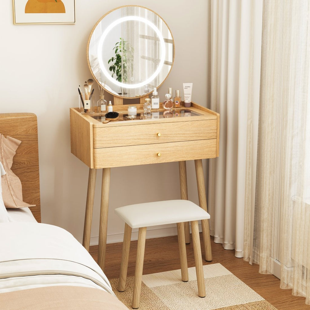 Small Glass-Top Makeup Vanity Desk with Round LED Mirror and Stool