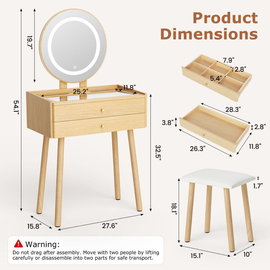 Small Glass-Top Makeup Vanity Desk with Round LED Mirror and Stool