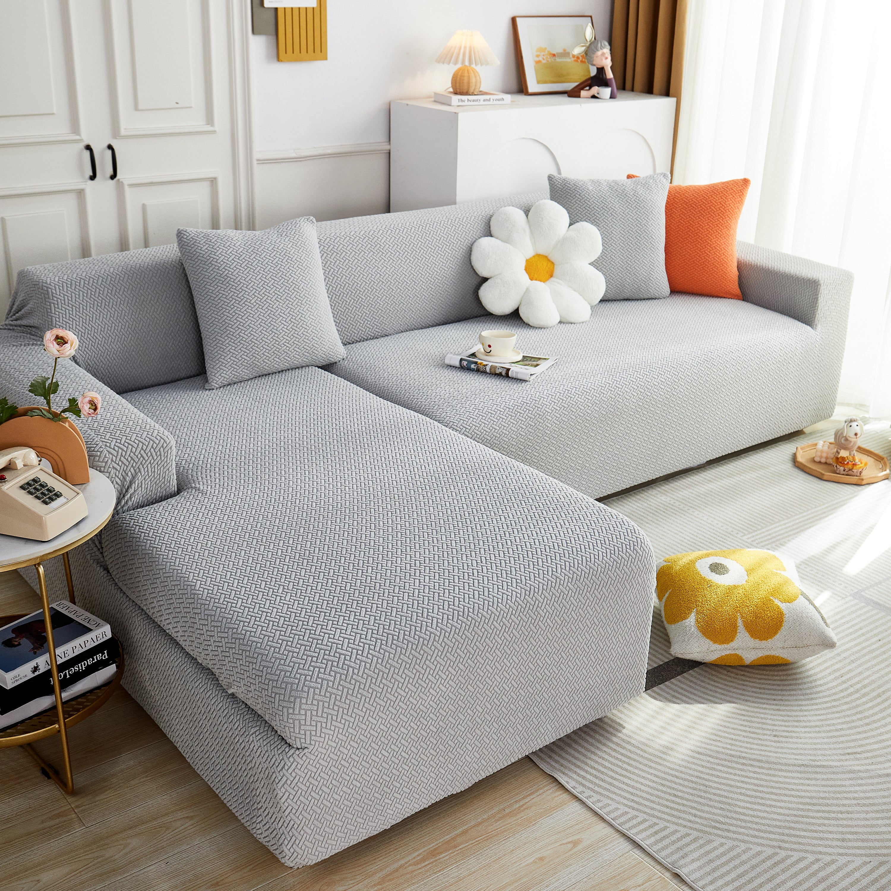 L Shape Couch Covers Stretch Slipcovers Furniture Protector with 1pcs Free Pillowcases