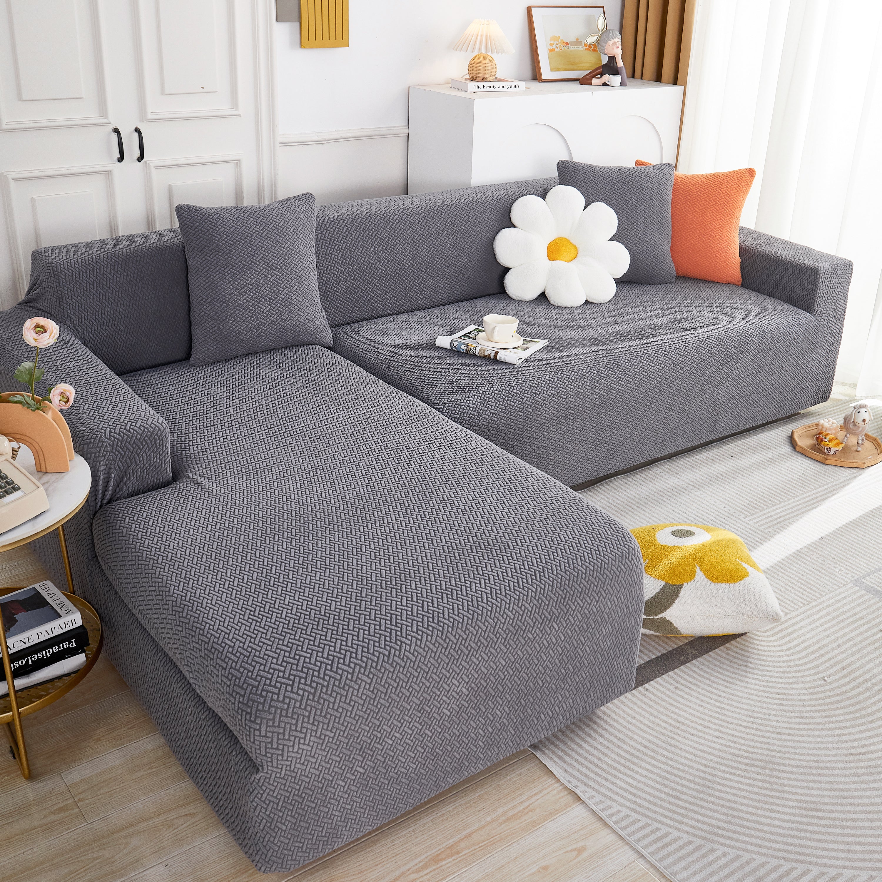L Shape Couch Covers Stretch Slipcovers Furniture Protector with 1pcs Free Pillowcases