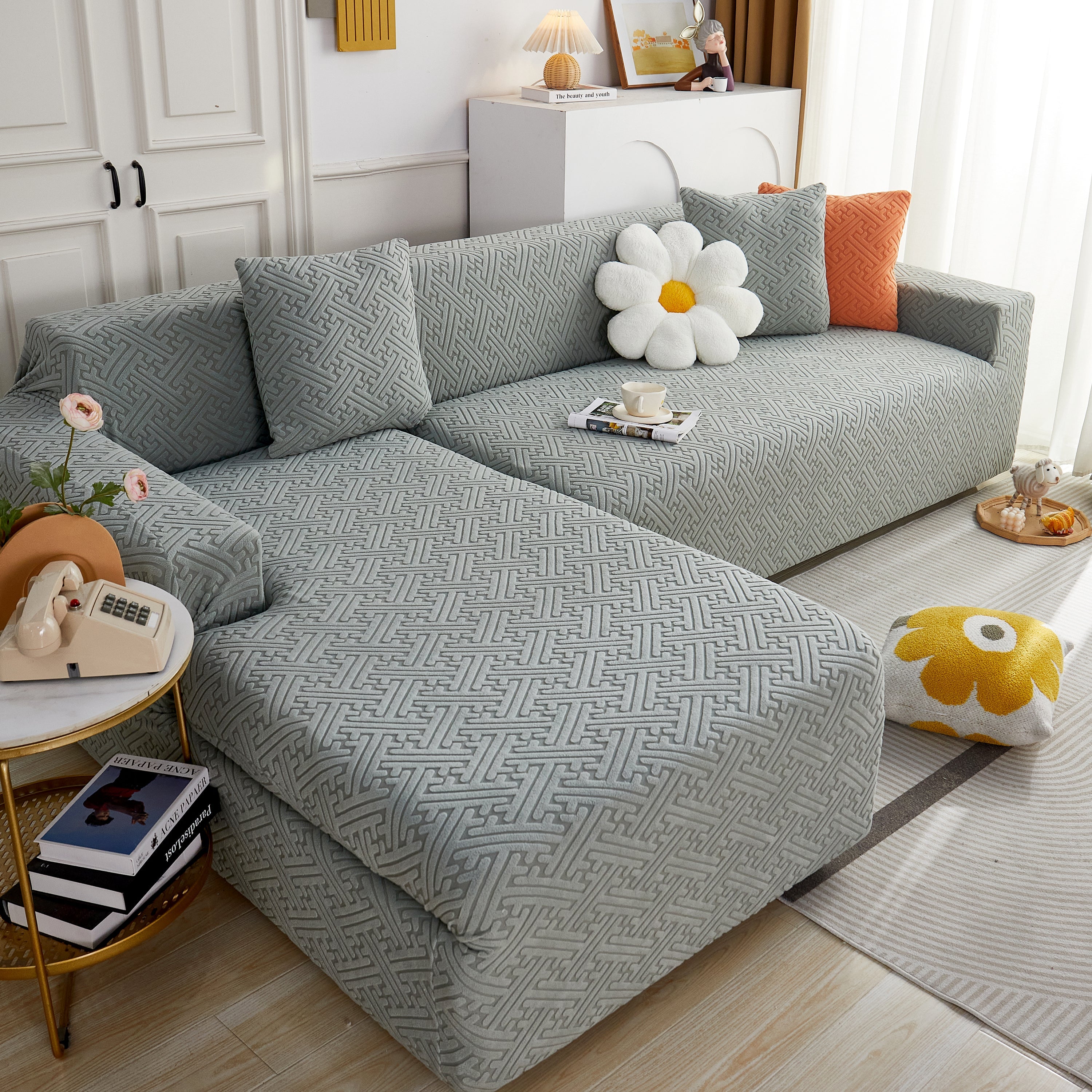 L Shape Sectional Sofa Cover Soft Stretch Furniture Protector Couch Slipcover with 1pcs Free Pillowcases