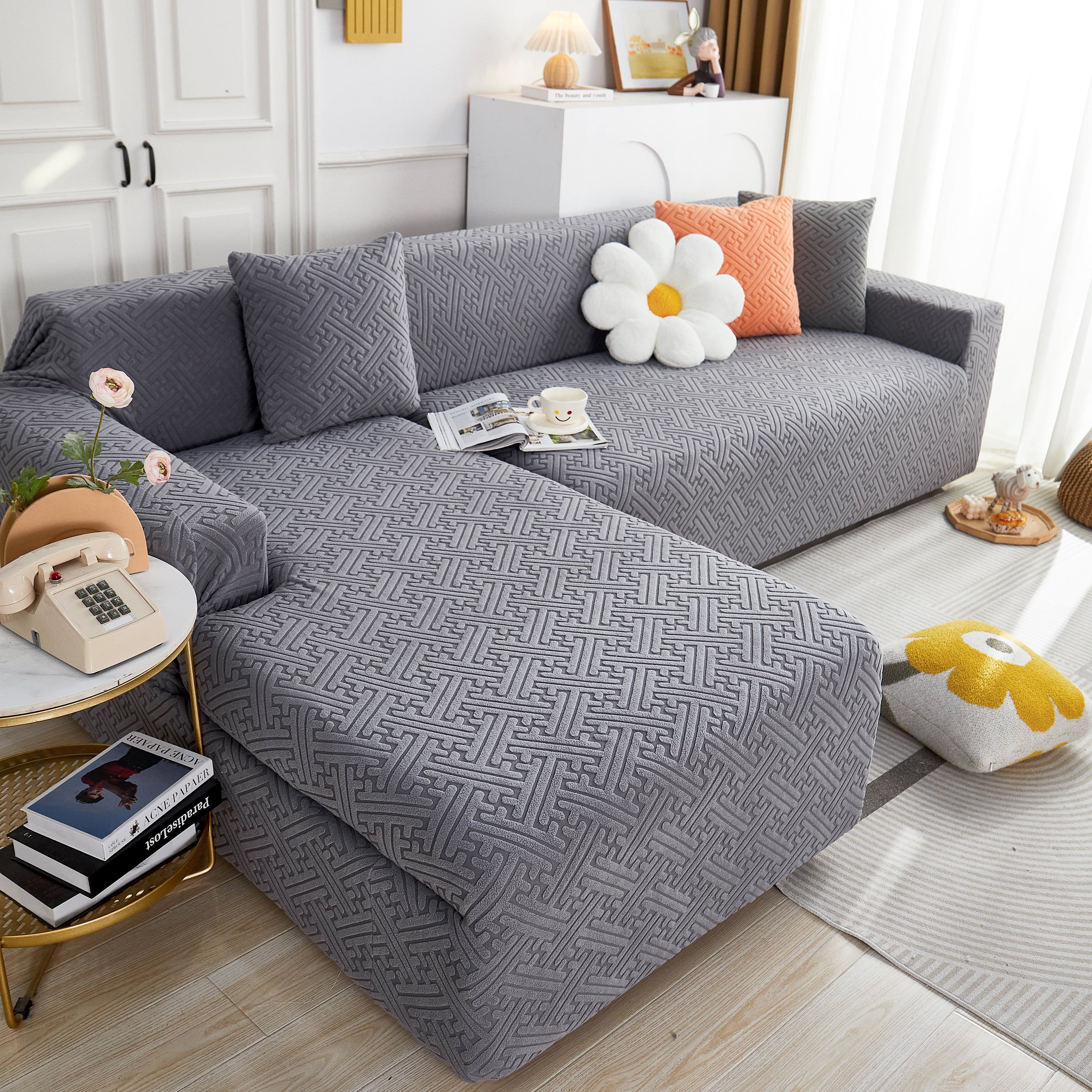 L Shape Sectional Sofa Cover Soft Stretch Furniture Protector Couch Slipcover with 1pcs Free Pillowcases