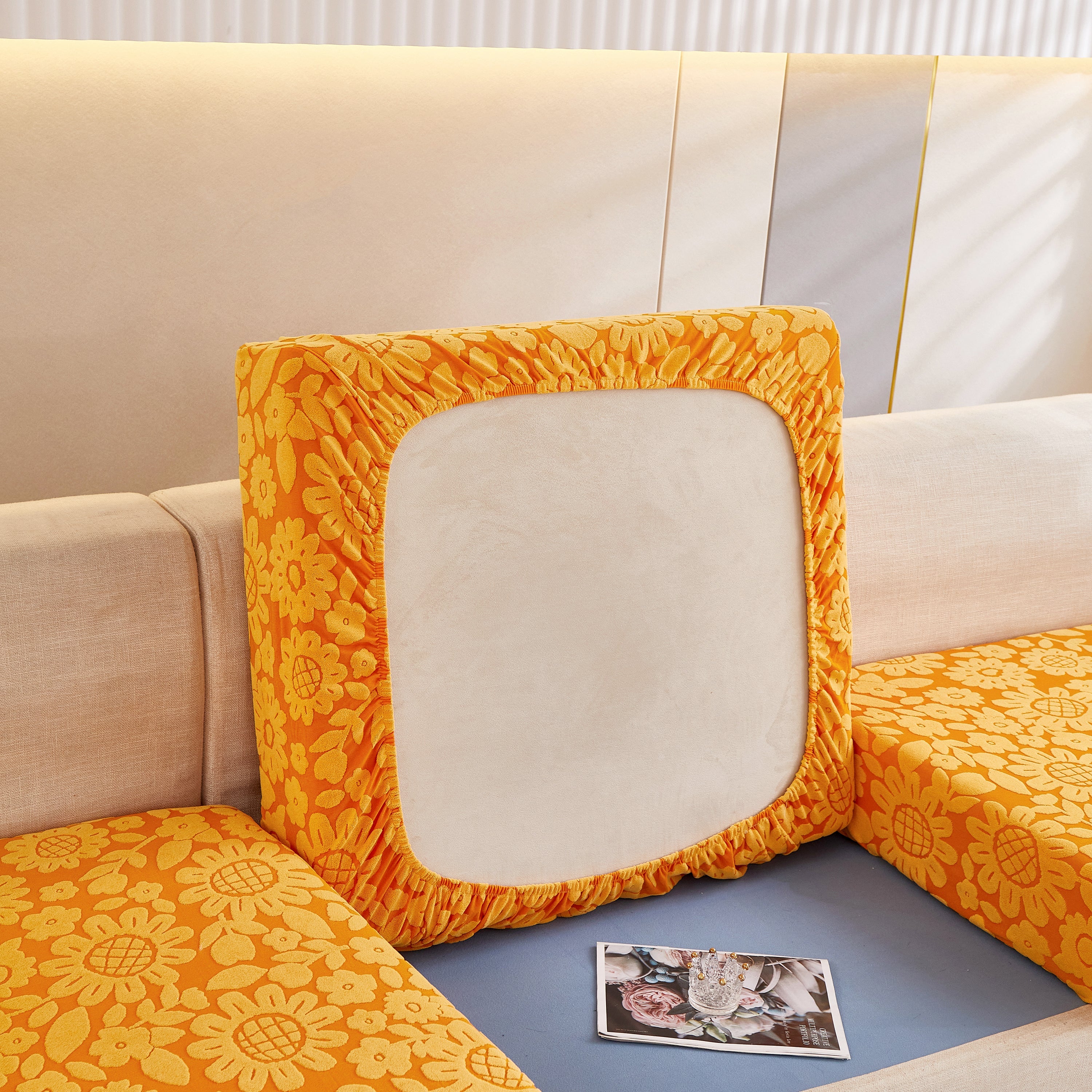 Flower Pattern Jacquard Fleece Stretch Sofa Cover, Non-Slip L-Shaped Couch Cushion Covers for Pets