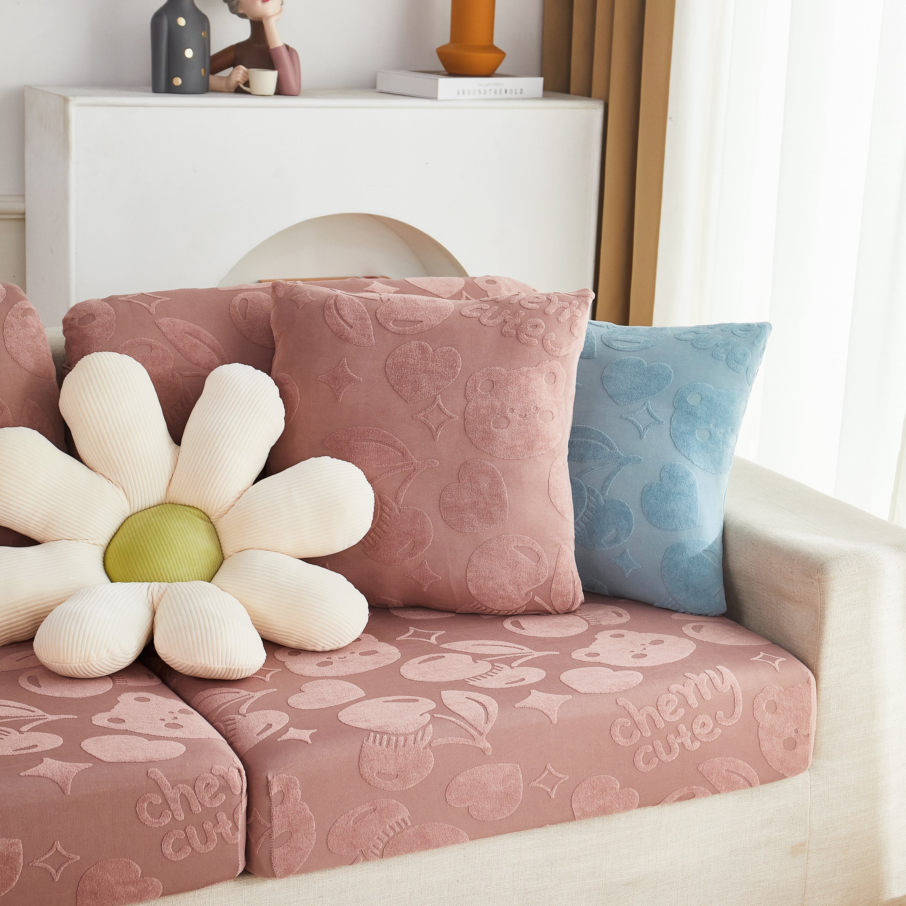 Cherry Cute Cooling Silk Fabric Stretch Couch Cushion Covers, Non-Slip Furniture Protector for Kids