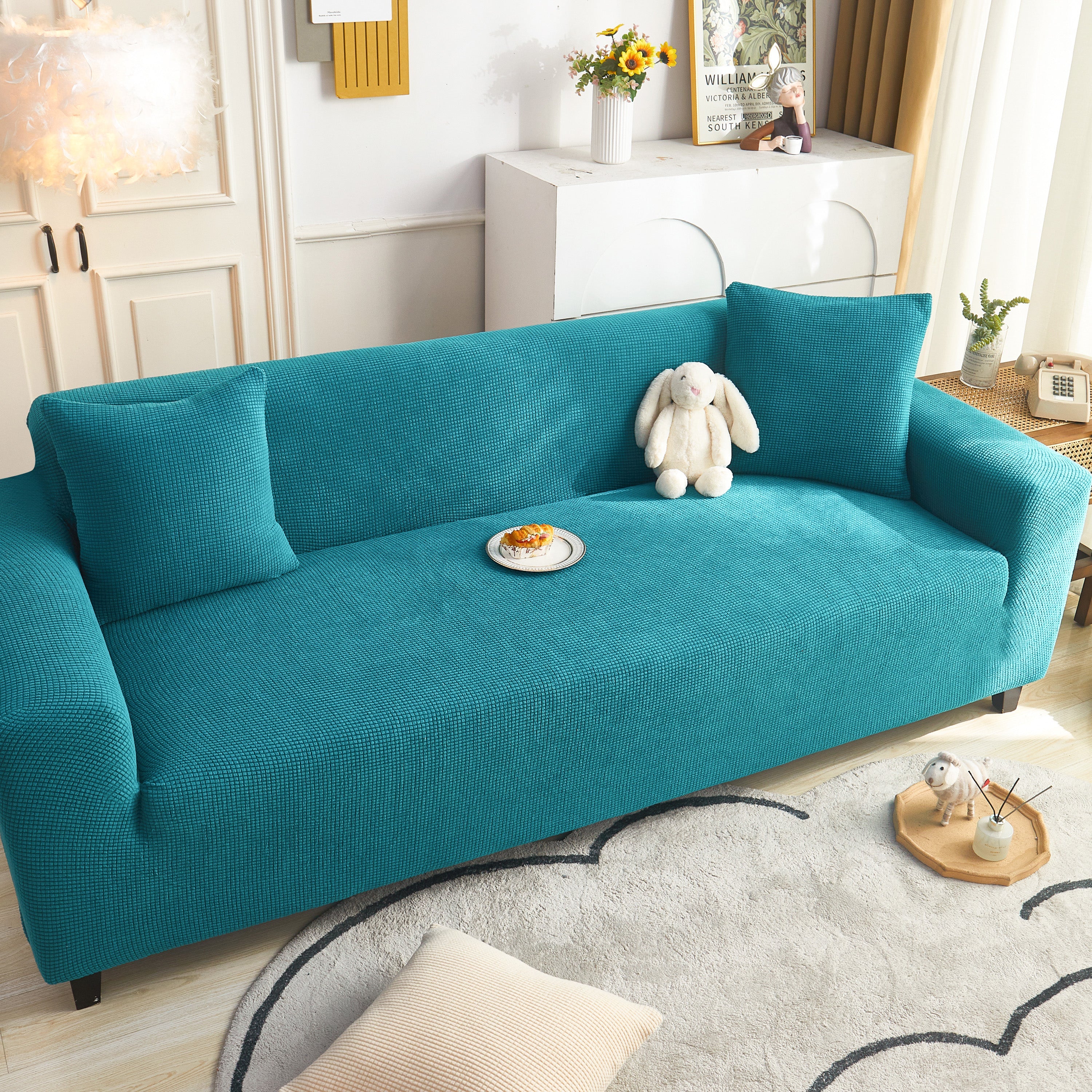 Grid Textured Stretch Sofa Cover, Soft Elastic Slipcover for Couch Protection