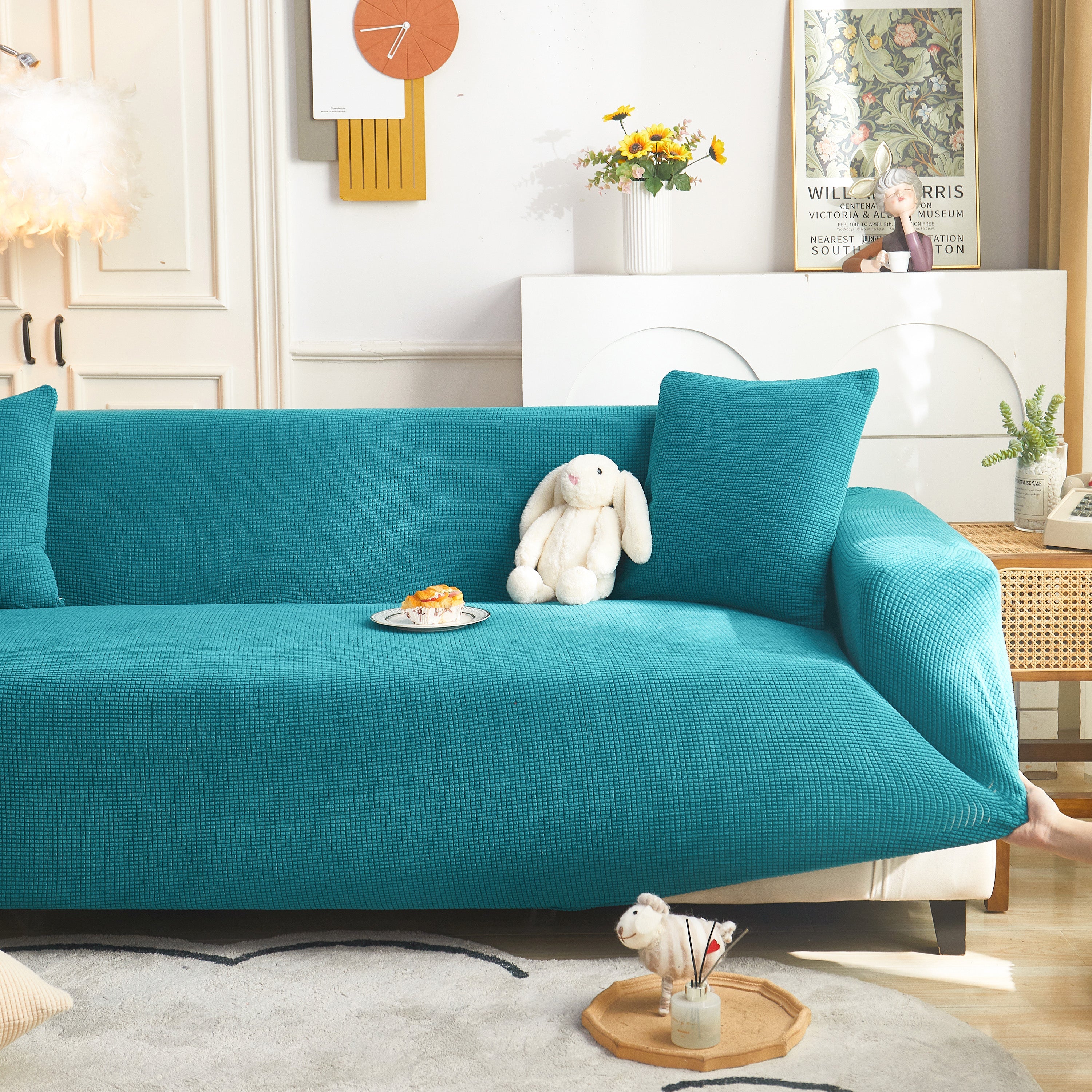 Grid Textured Stretch Sofa Cover, Soft Elastic Slipcover for Couch Protection