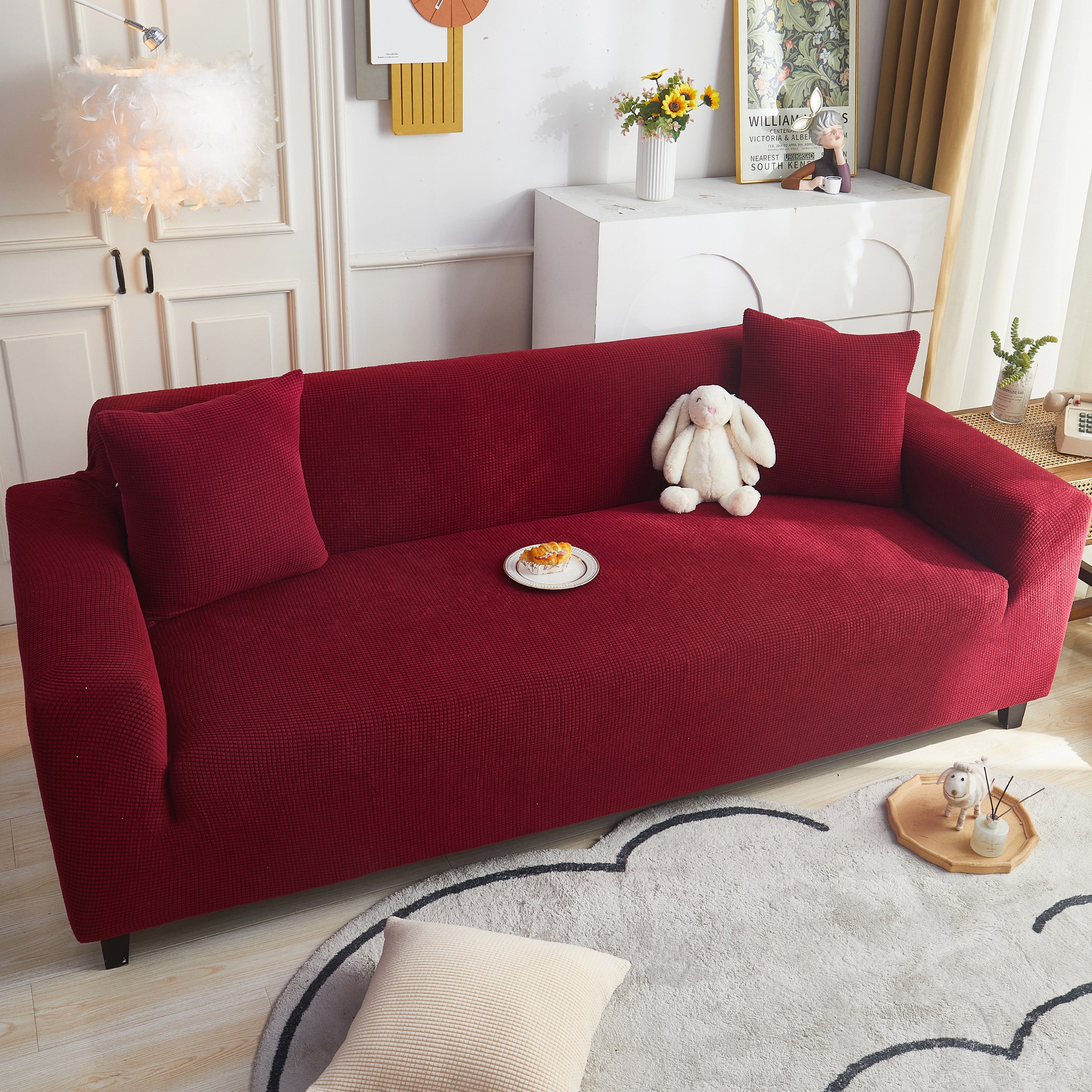 Grid Textured Stretch Sofa Cover, Soft Elastic Slipcover for Couch Protection