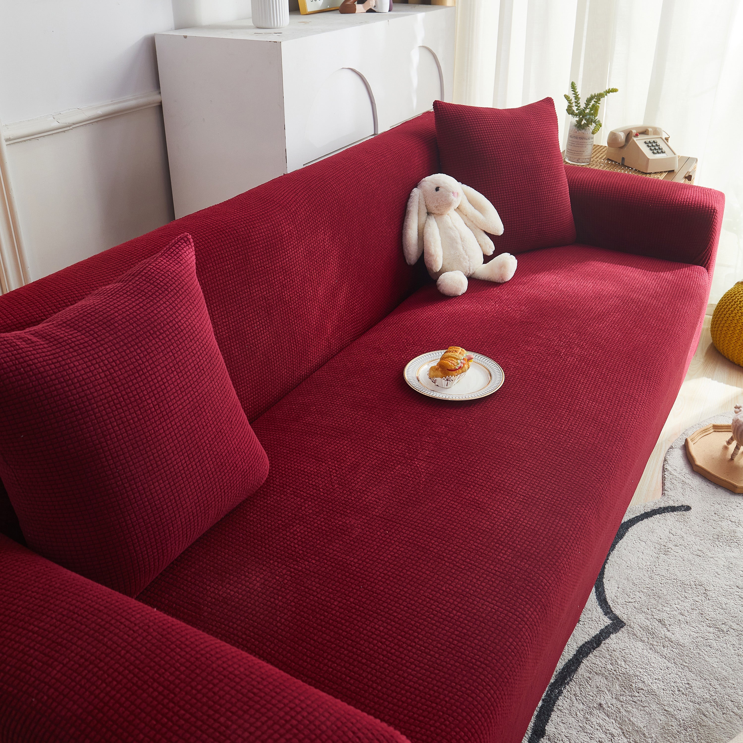 Grid Textured Stretch Sofa Cover, Soft Elastic Slipcover for Couch Protection