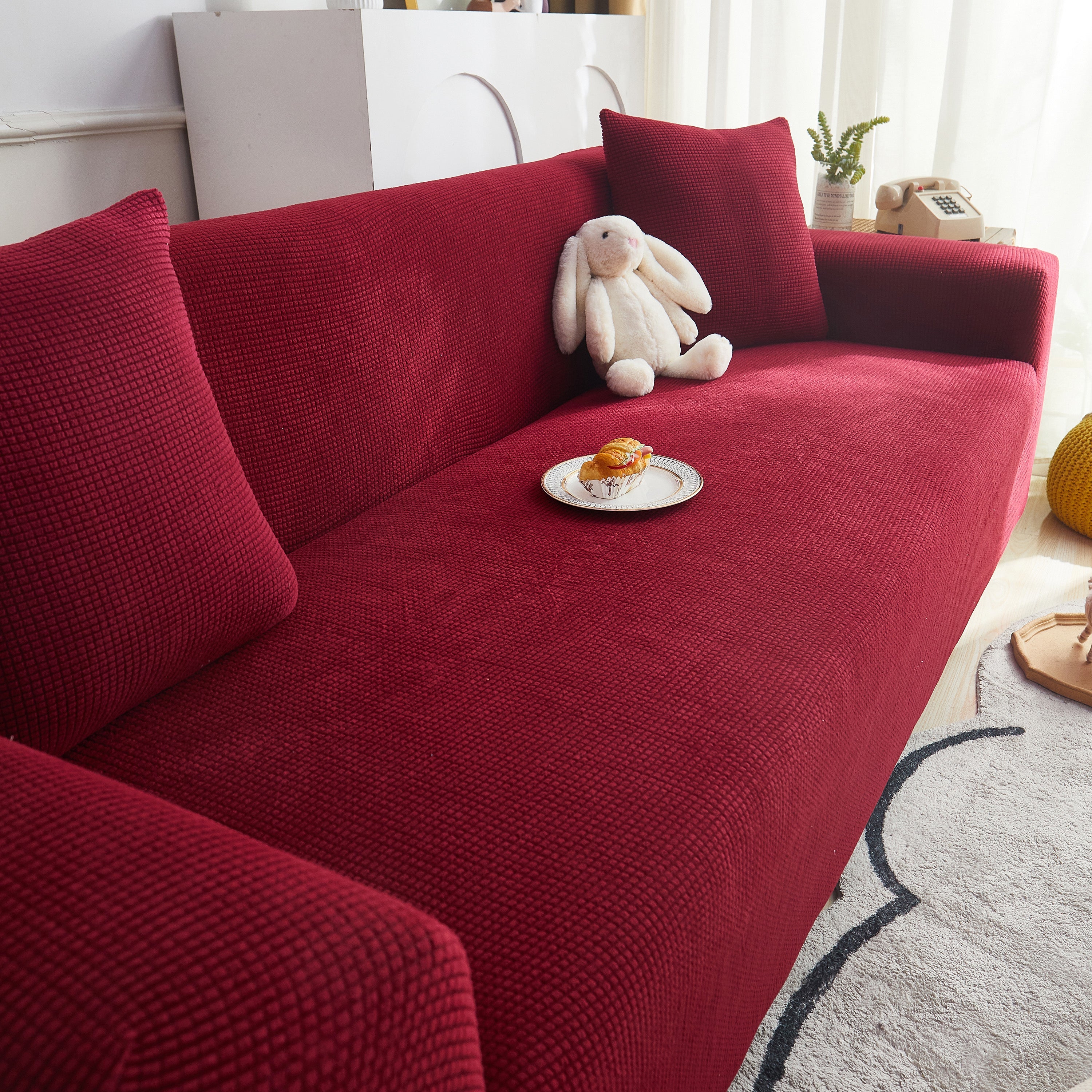 Grid Textured Stretch Sofa Cover, Soft Elastic Slipcover for Couch Protection