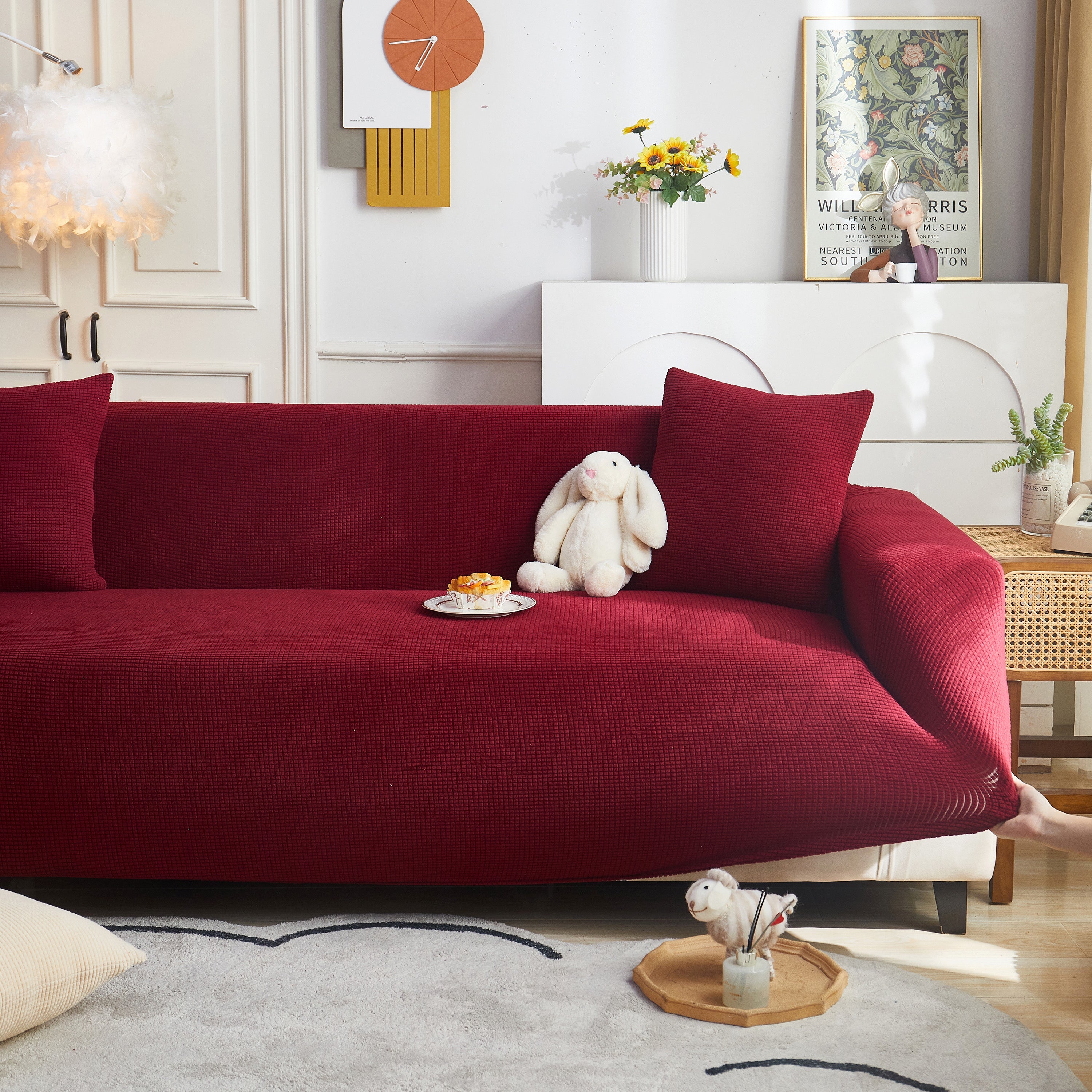 Grid Textured Stretch Sofa Cover, Soft Elastic Slipcover for Couch Protection