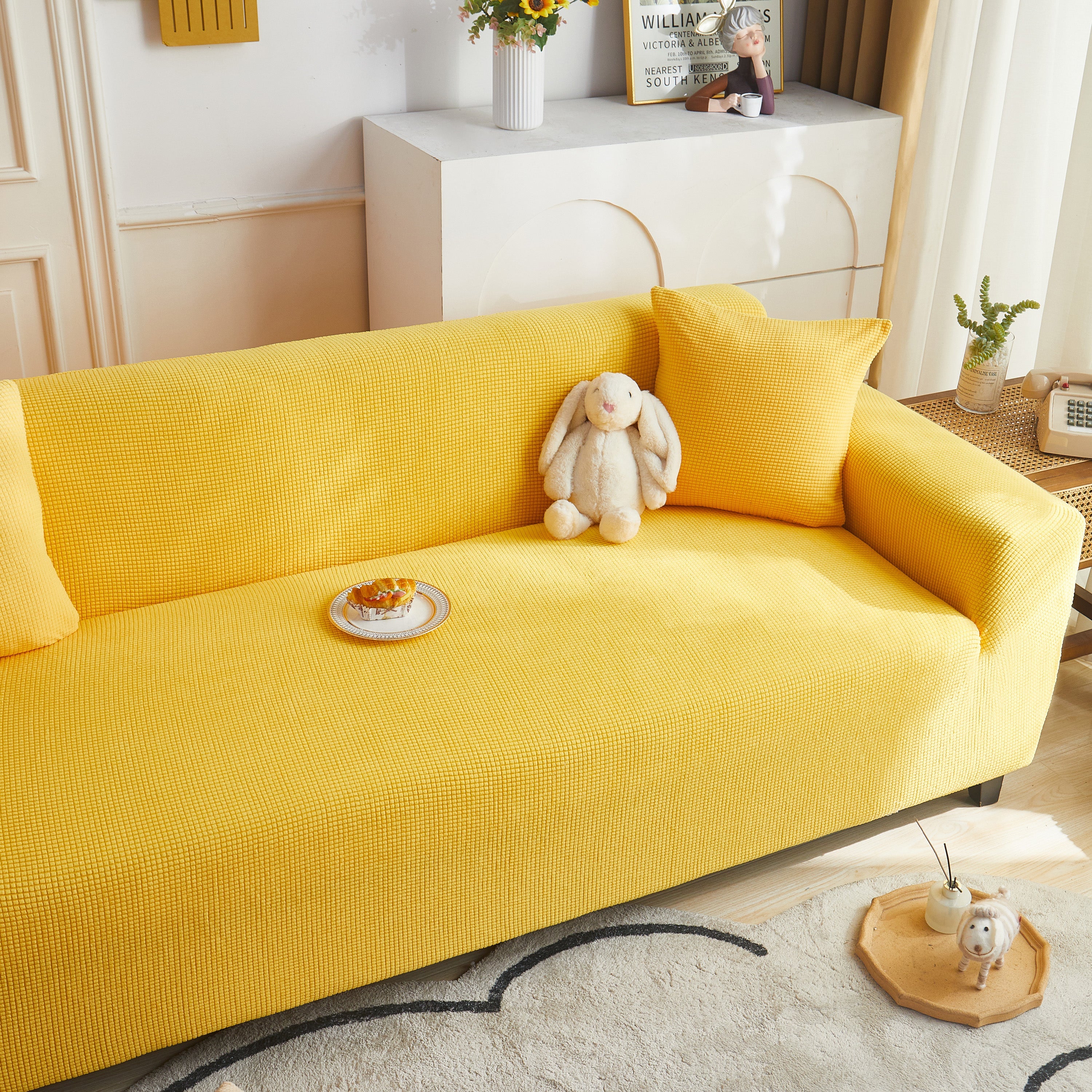 Grid Textured Stretch Sofa Cover, Soft Elastic Slipcover for Couch Protection