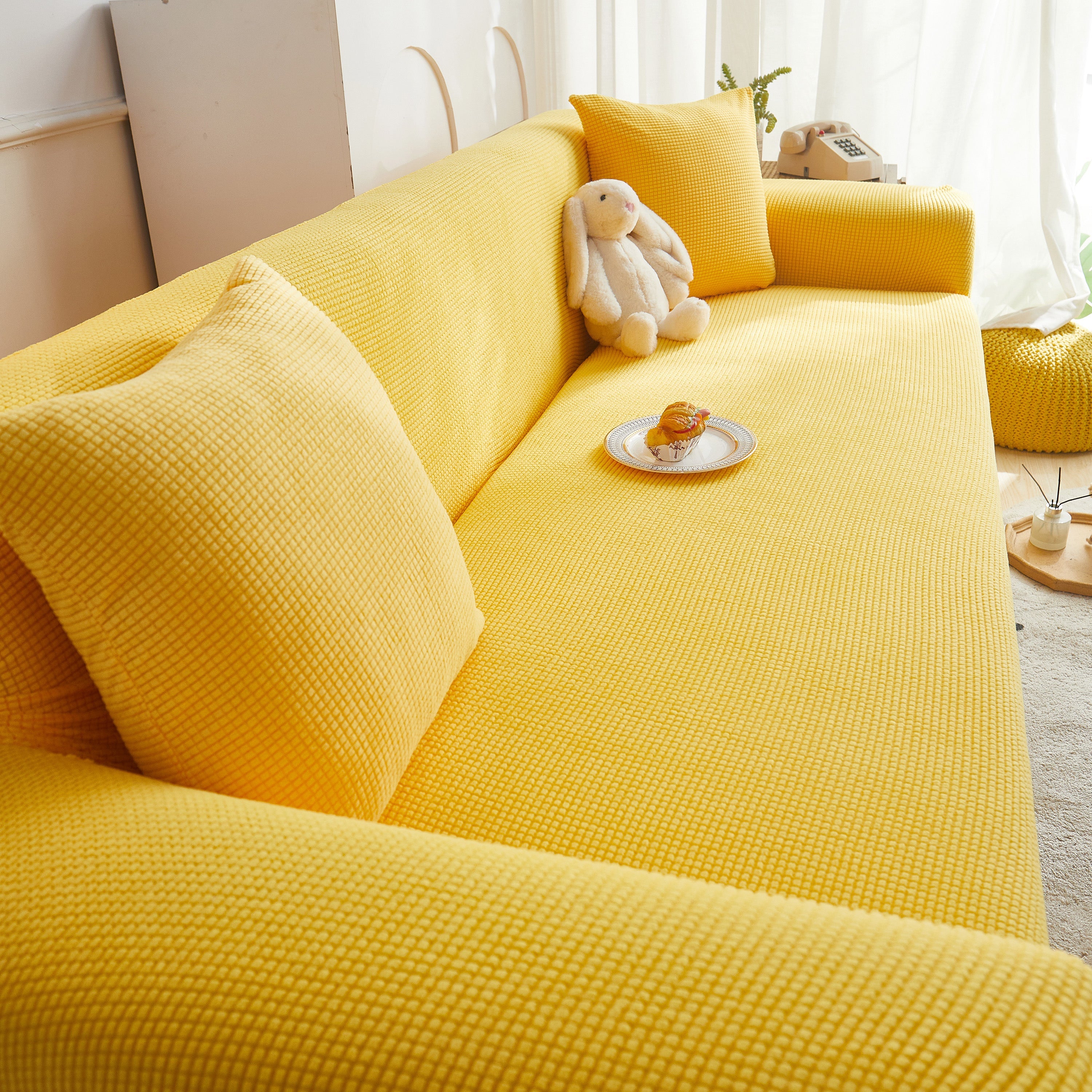 Grid Textured Stretch Sofa Cover, Soft Elastic Slipcover for Couch Protection