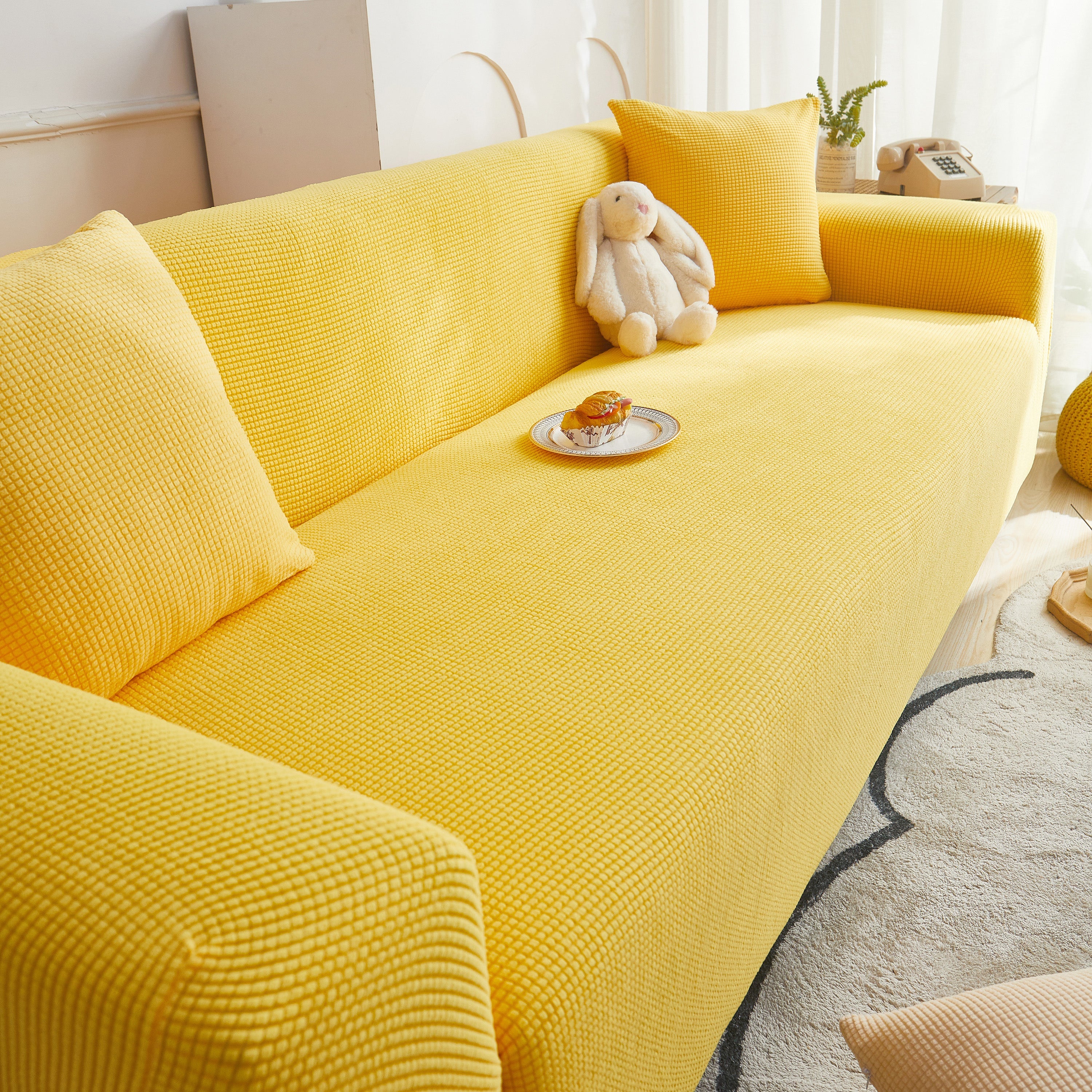 Grid Textured Stretch Sofa Cover, Soft Elastic Slipcover for Couch Protection