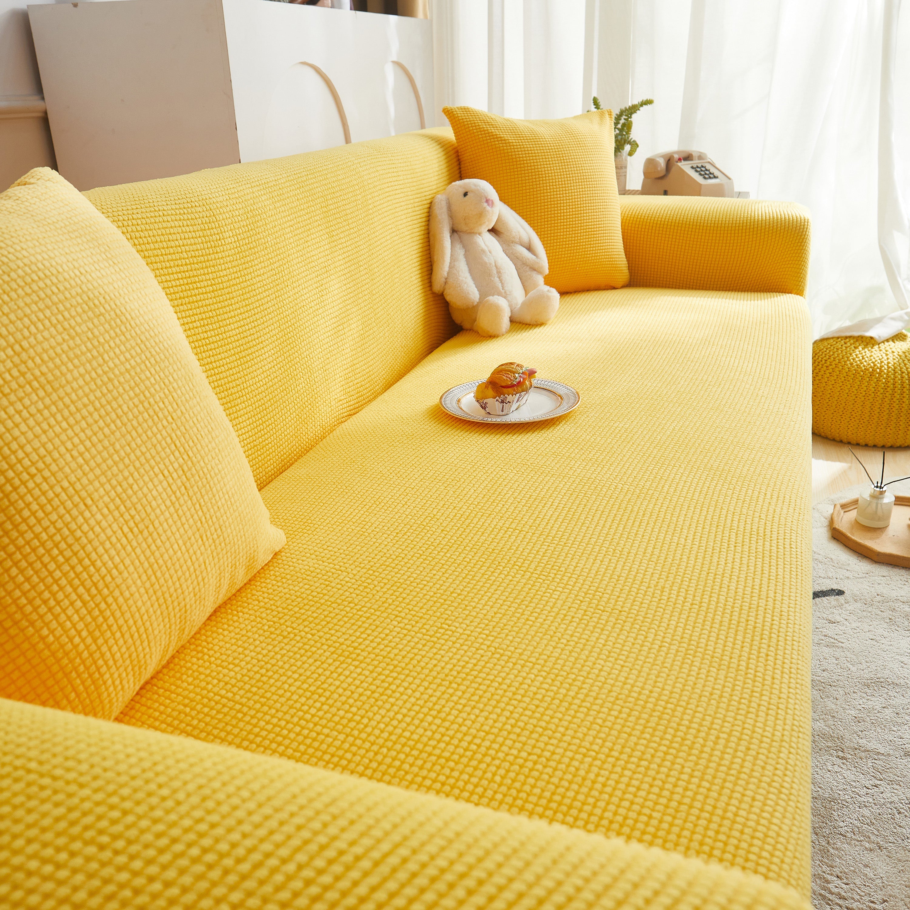 Grid Textured Stretch Sofa Cover, Soft Elastic Slipcover for Couch Protection