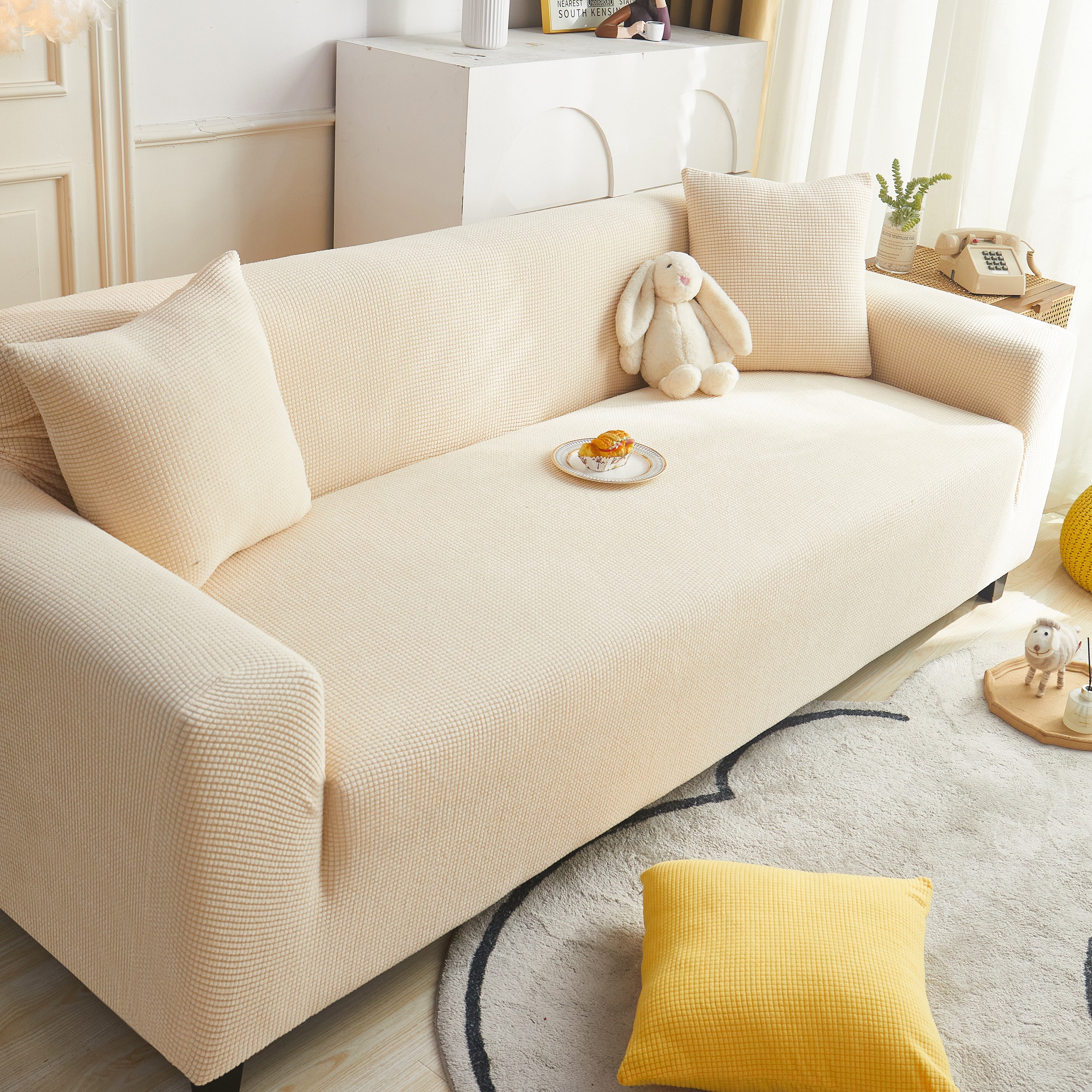 Grid Textured Stretch Sofa Cover, Soft Elastic Slipcover for Couch Protection