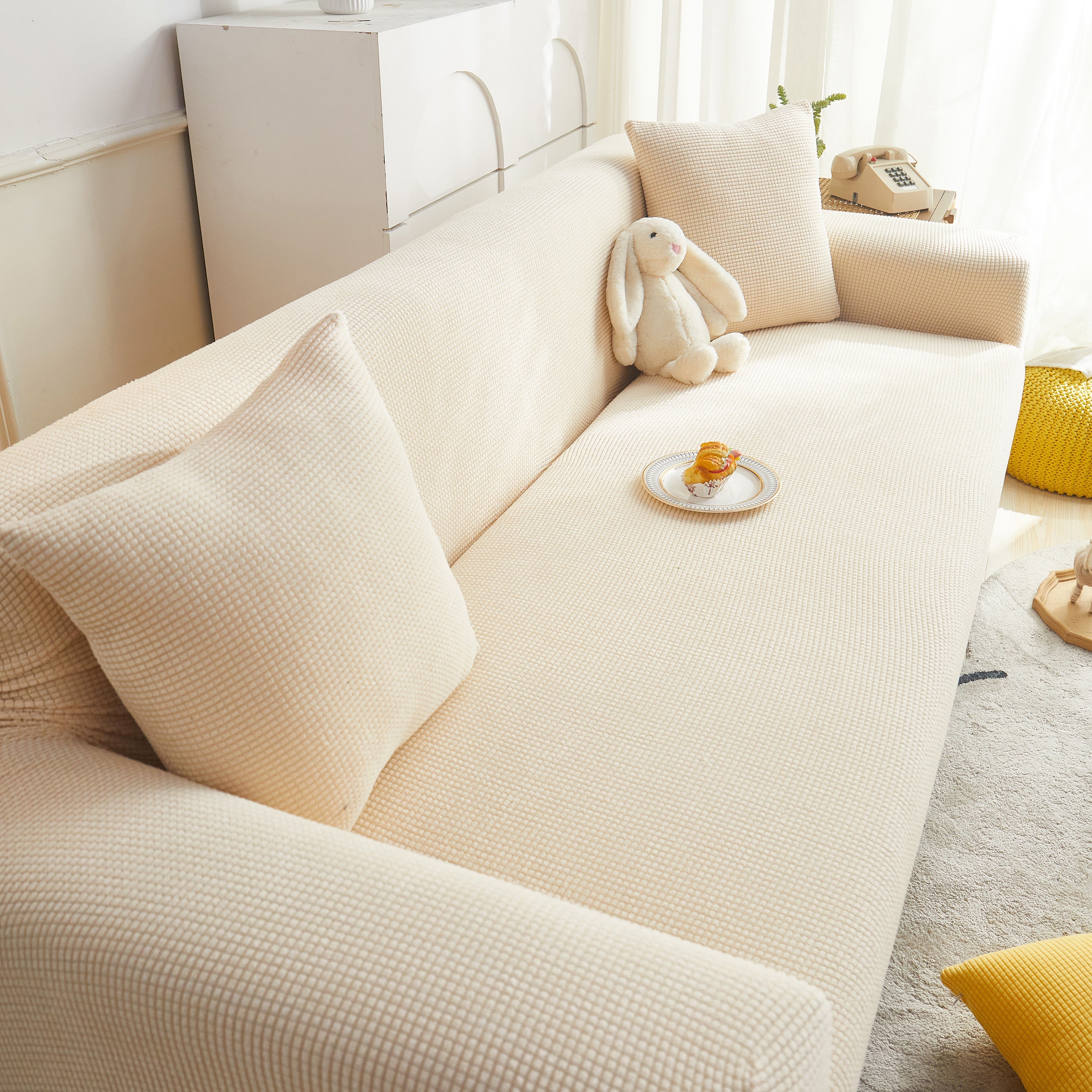 Grid Textured Stretch Sofa Cover, Soft Elastic Slipcover for Couch Protection