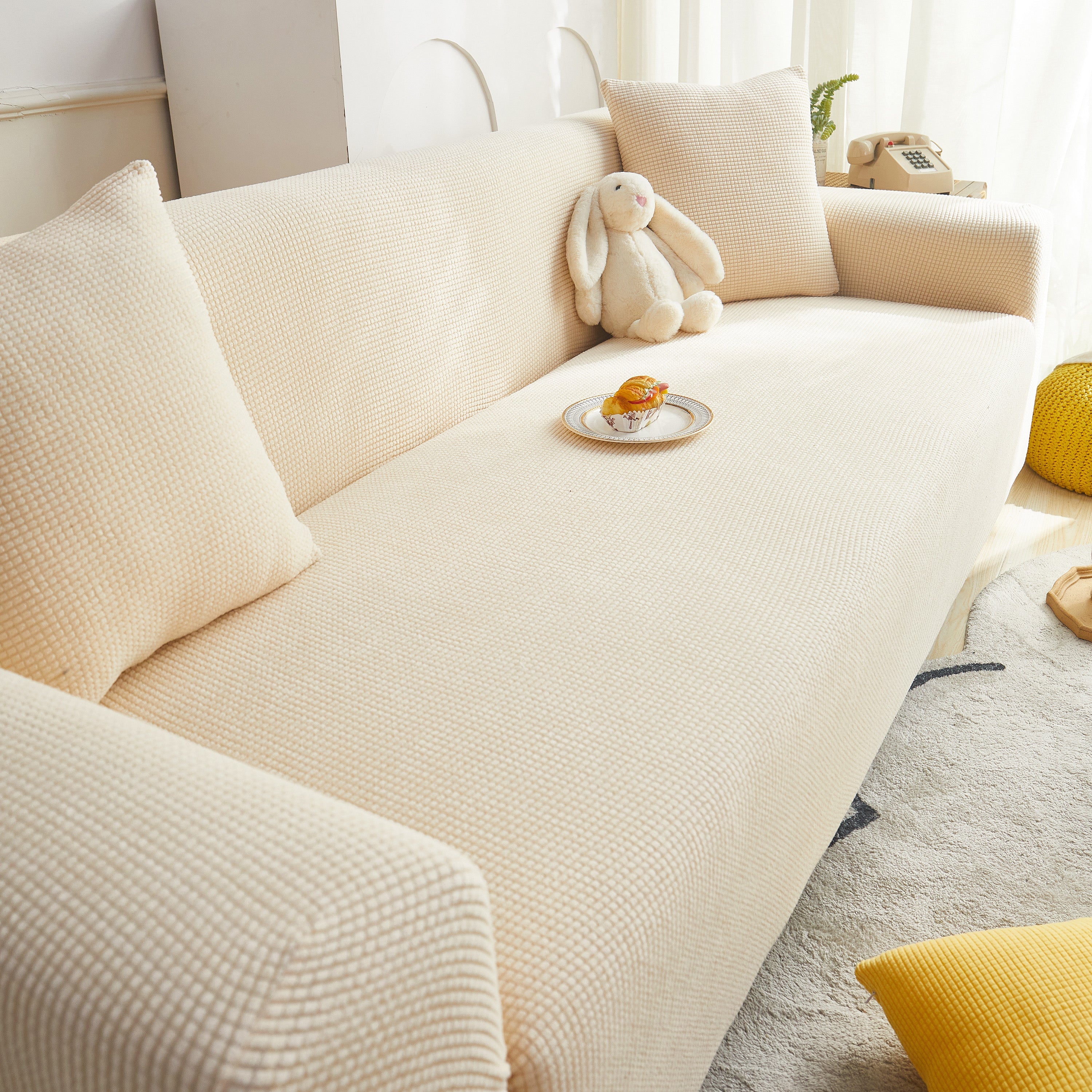 Grid Textured Stretch Sofa Cover, Soft Elastic Slipcover for Couch Protection