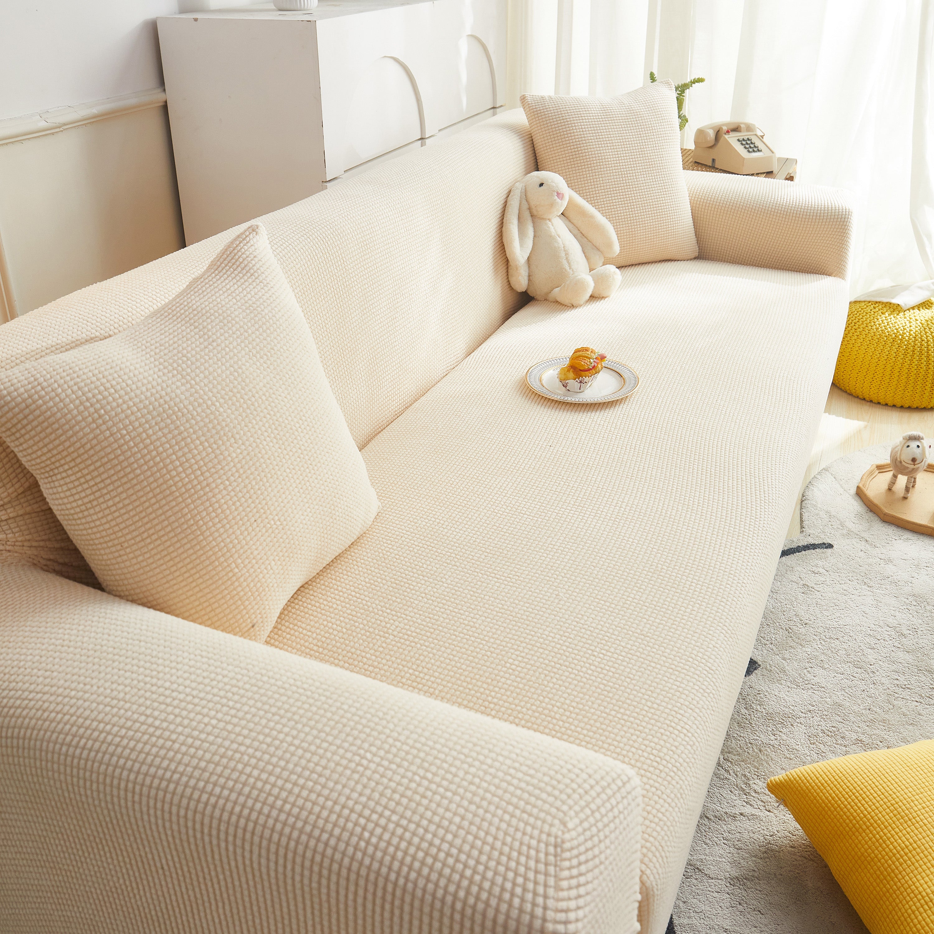 Grid Textured Stretch Sofa Cover, Soft Elastic Slipcover for Couch Protection