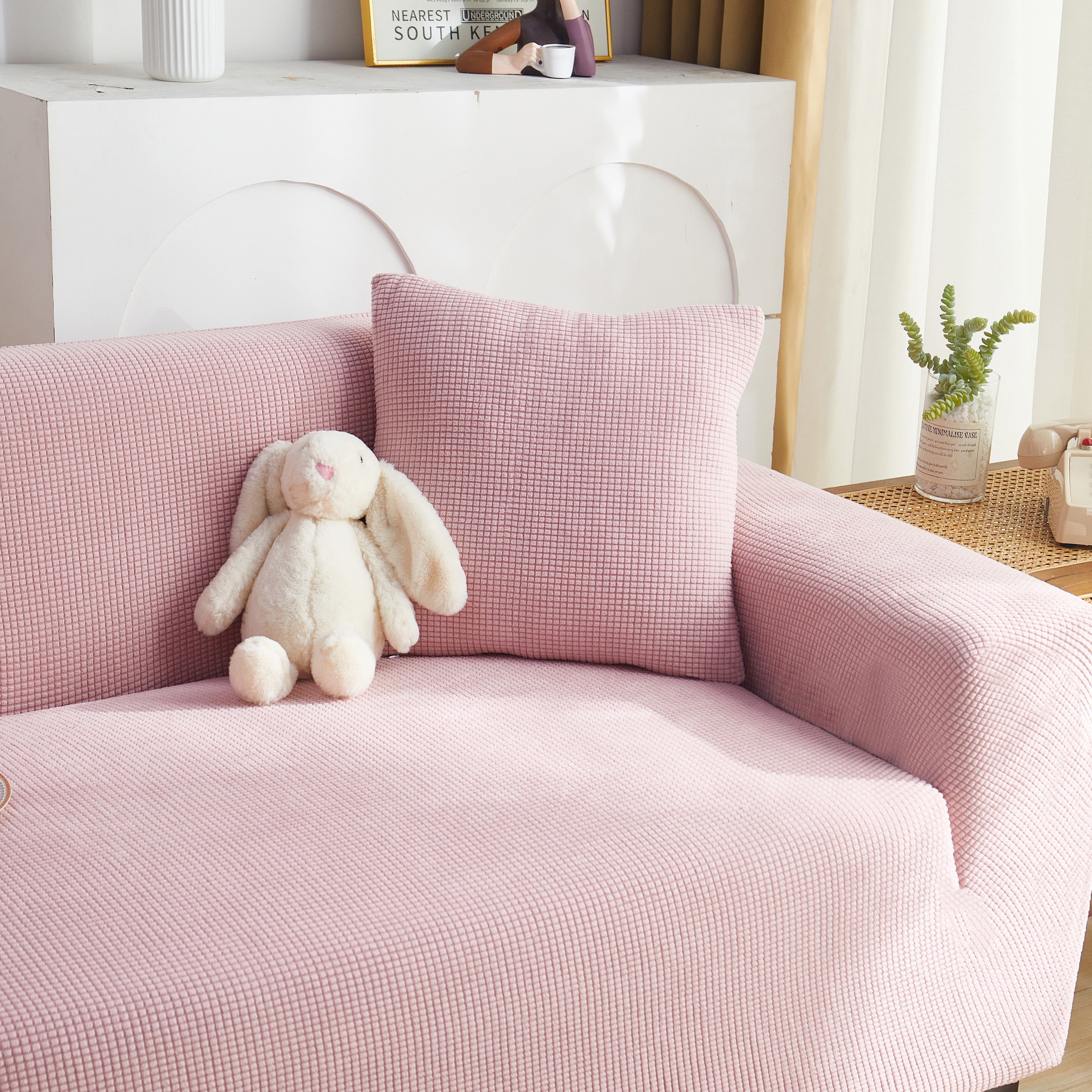 Grid Textured Stretch Sofa Cover, Soft Elastic Slipcover for Couch Protection