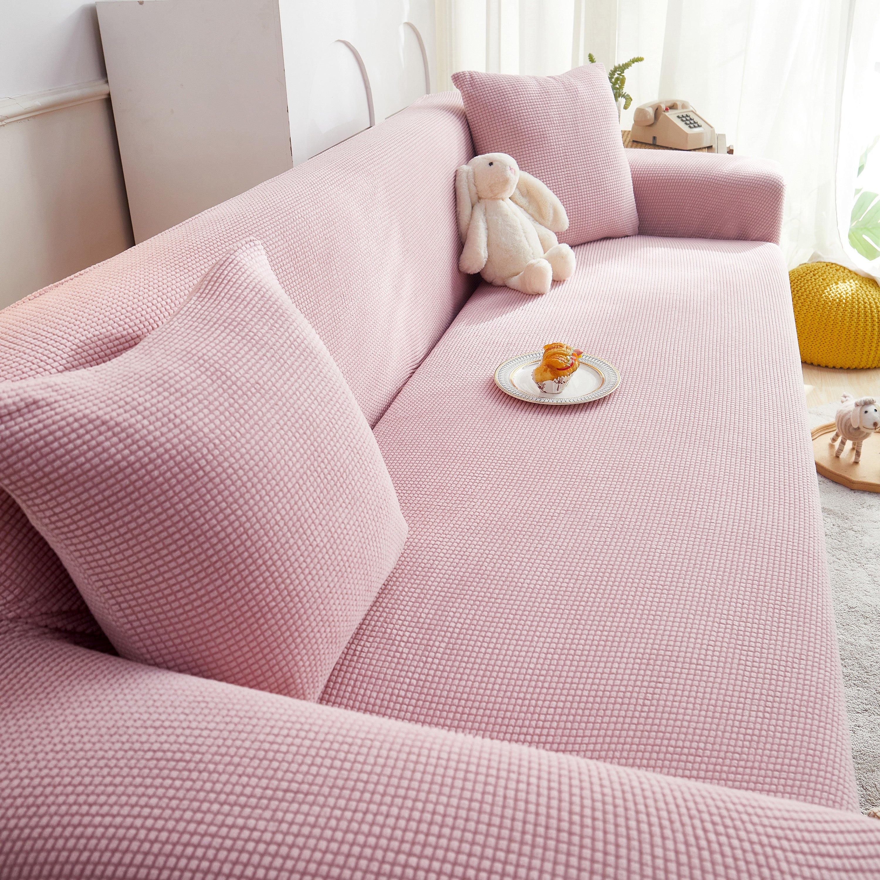 Grid Textured Stretch Sofa Cover, Soft Elastic Slipcover for Couch Protection