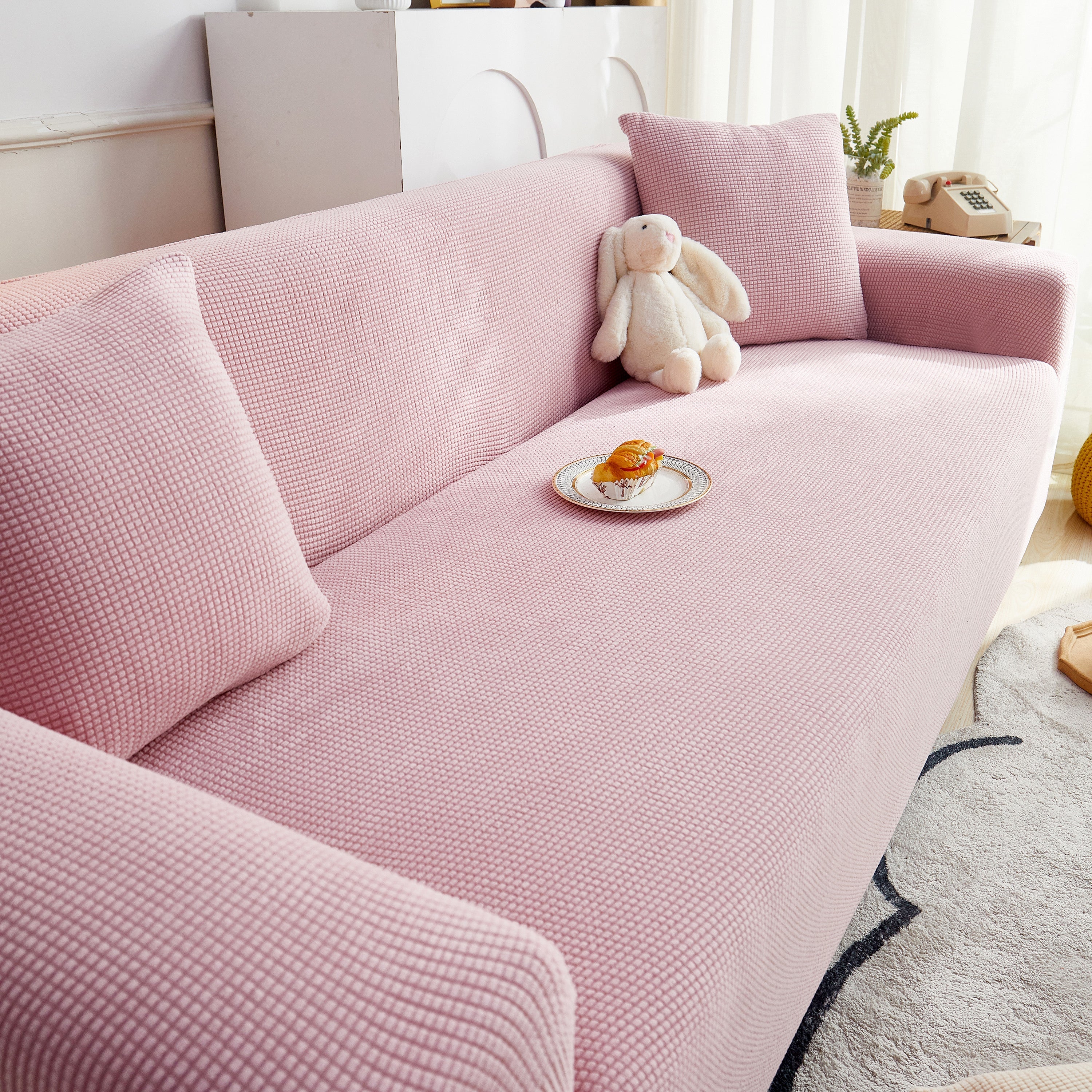 Grid Textured Stretch Sofa Cover, Soft Elastic Slipcover for Couch Protection